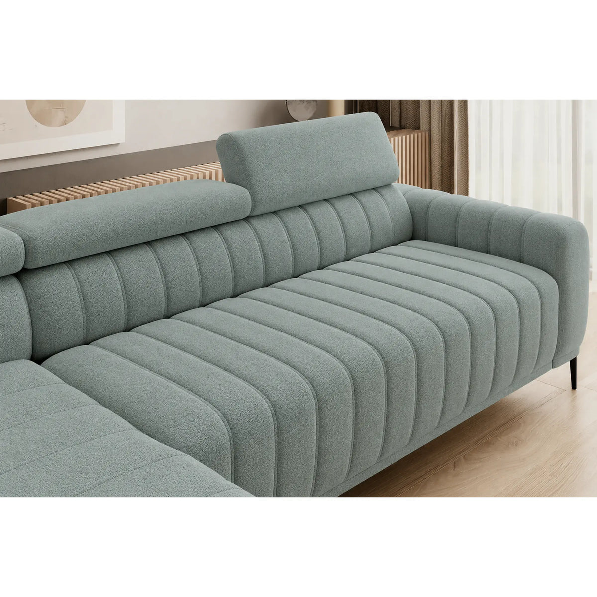 Coltar extensibil stofa catifelata GANDI 140, sezlong stanga, verde menta - Salvador 12, cu lada depozitare si tetiere reglabile, 281x204x99 cm