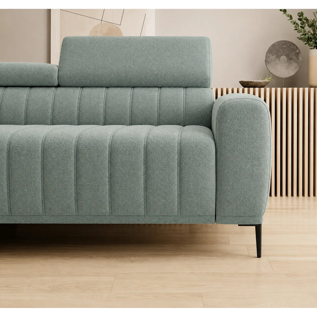 Coltar extensibil stofa catifelata GANDI 140, sezlong stanga, verde menta - Salvador 12, cu lada depozitare si tetiere reglabile, 281x204x99 cm