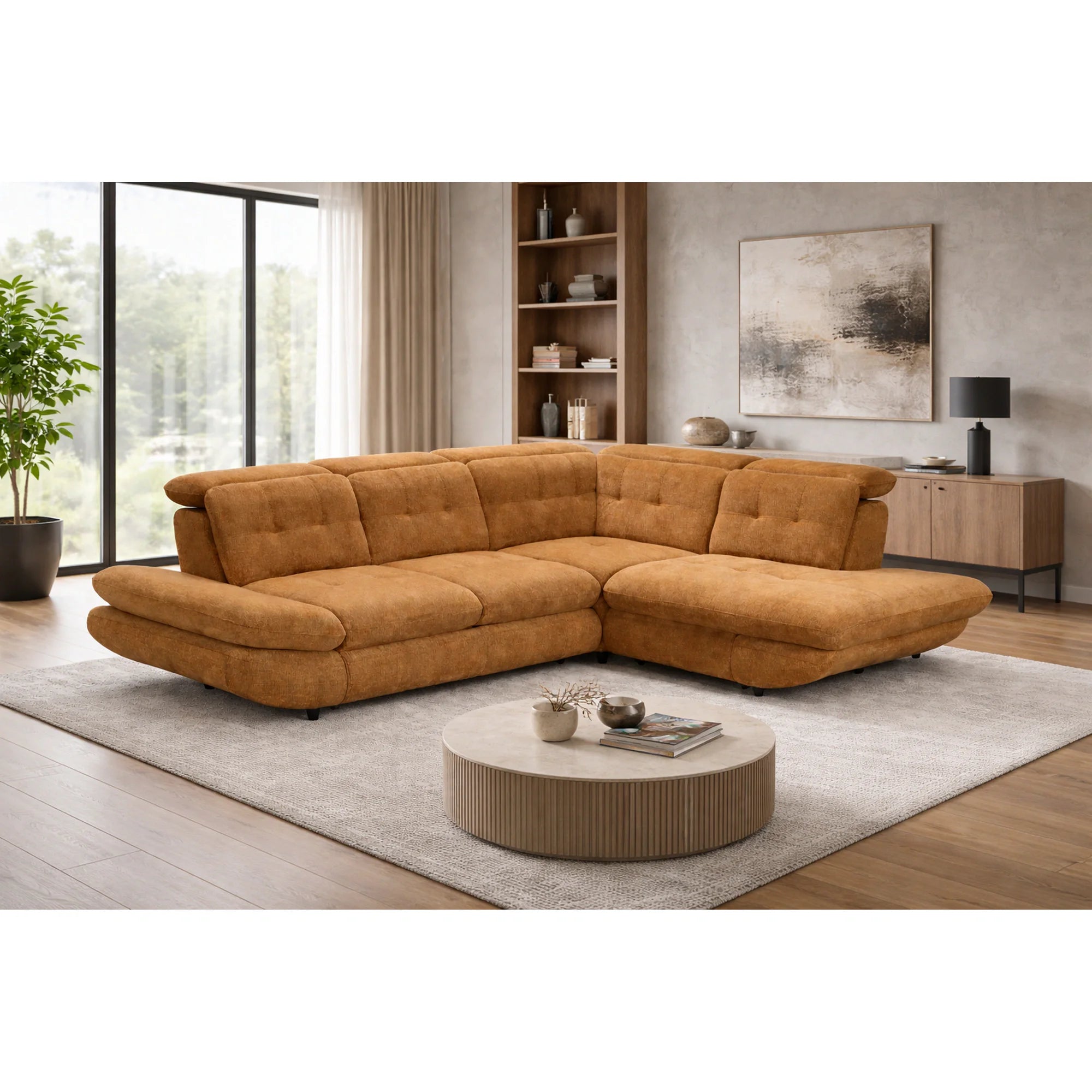 Coltar living SIENA MIC, sezlong dreapta, stofa catifelata verde olive - Monolith ML38, 295x234x100 cm