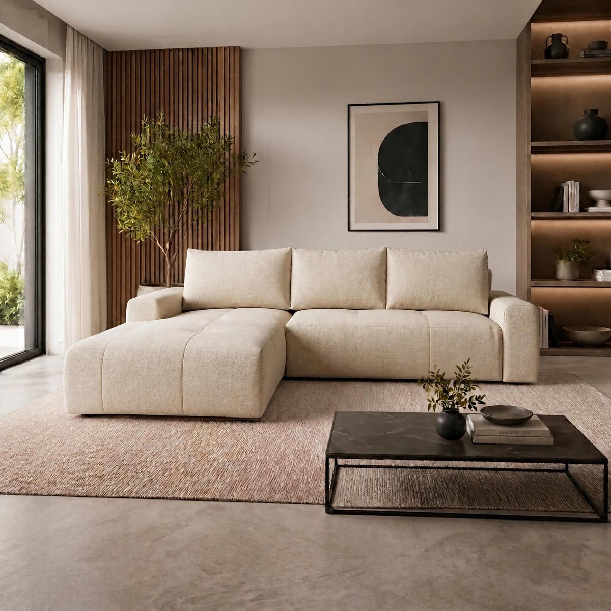 Coltar living stofa ATLANTIC, sezlong stanga, catifea bej - Element 17, cu lada depozitare, 305x214x94 cm