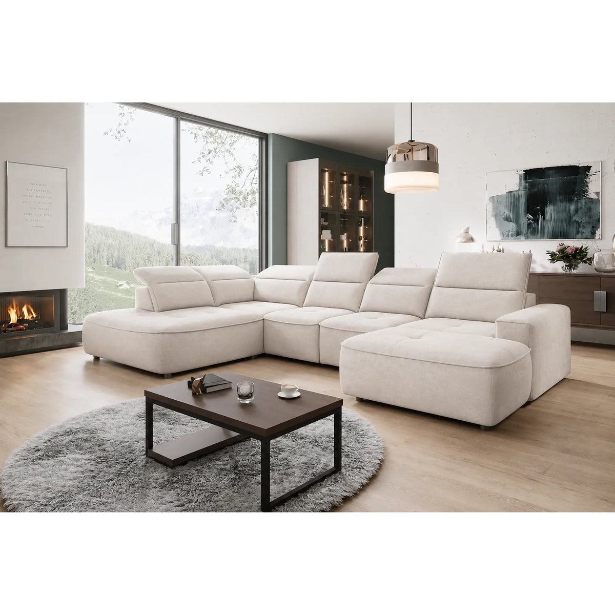 Coltare living in forma de U COLOMBO XL, sezlong dreapta, stofa catifelata crem - Salvador 1, cu reglaj electric si lada depozitare, 376x227x103 cm