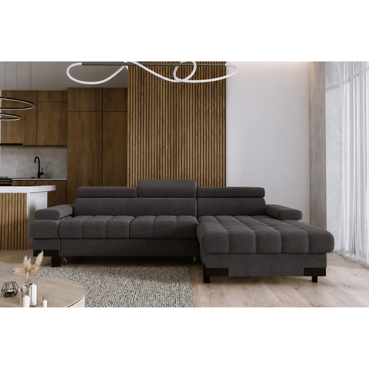 Coltar extensibil SELVA MINI, sezlong dreapta, stofa catifelata gri grafit - Salvador 16, cu lada depozitare si tetiere reglabile, 270x173x95 cm