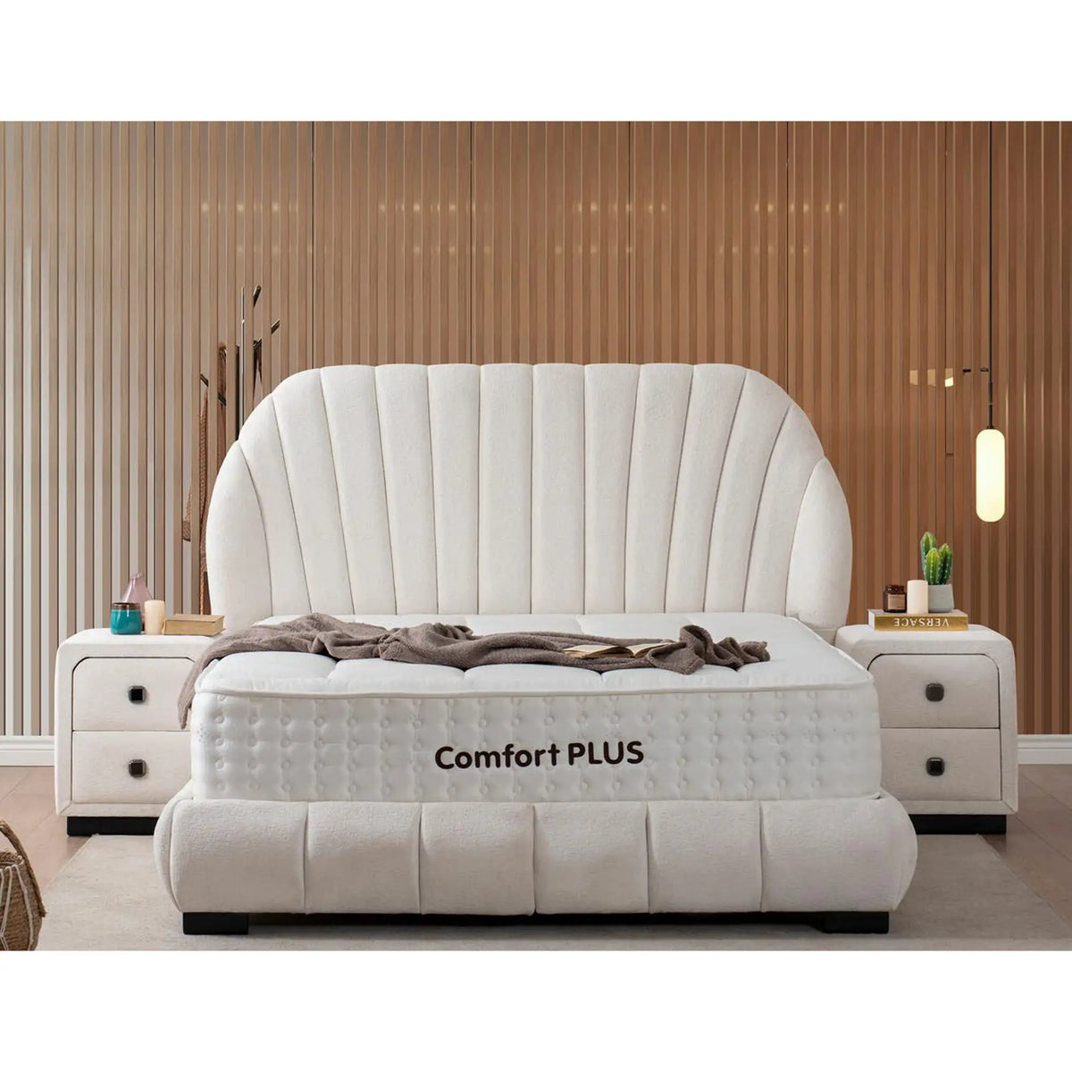 Pat COMFORT PLUS 160x200, stofa crem - Troya 01, cu somiera si spatiu depozitare