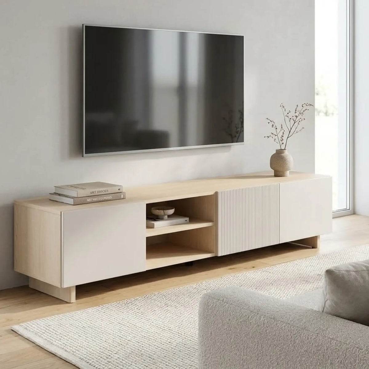 Comoda TV CALM B, stejar Lindberg/bej nisipiu, PAL, MDF, 180x42x41 cm