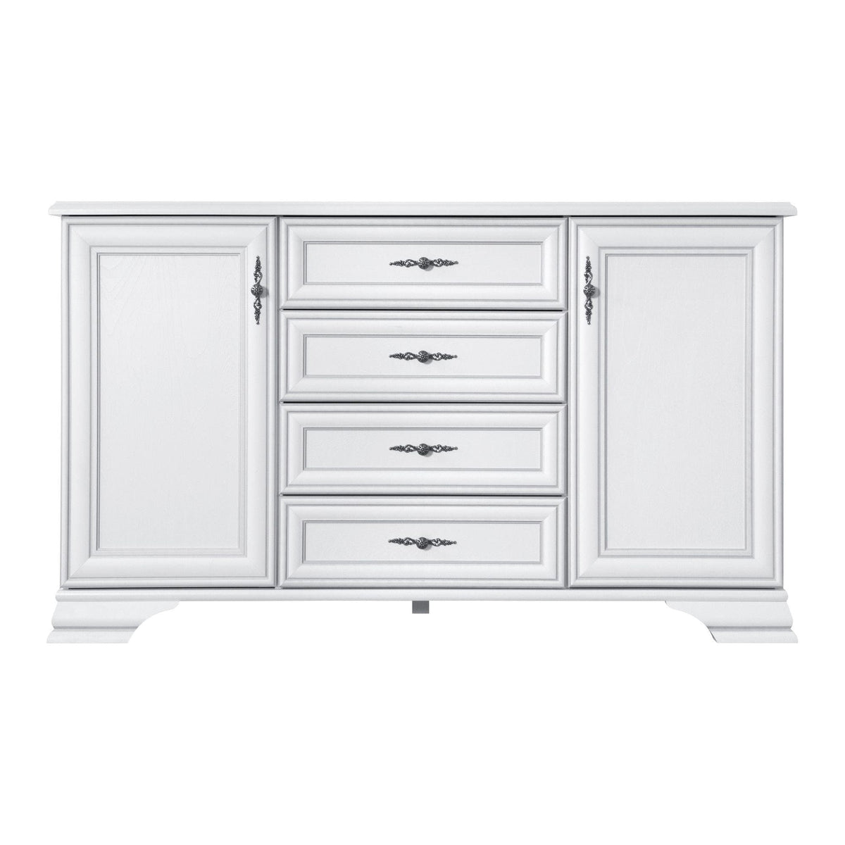 Mobilier dormitor alb IDENTO, cu pat 160x200, dulap cu 5 usi si 2 sertare, noptiere, comoda si oglinda