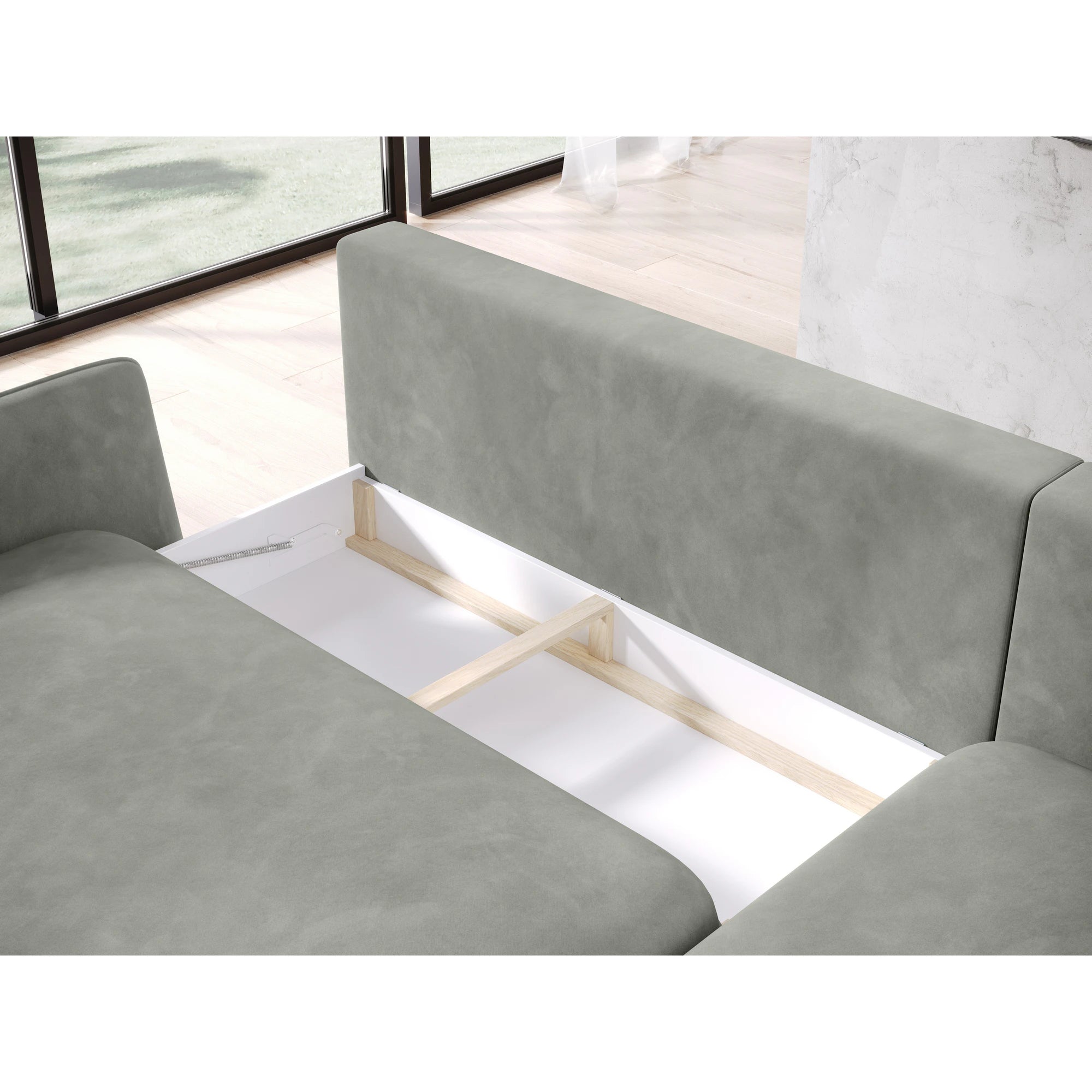 Coltar extensibil SOLANO, sezlong dreapta, stofa catifelata albastru inchis - Element 13, Gama Premium, cu lada depozitare, 260x167x83 cm