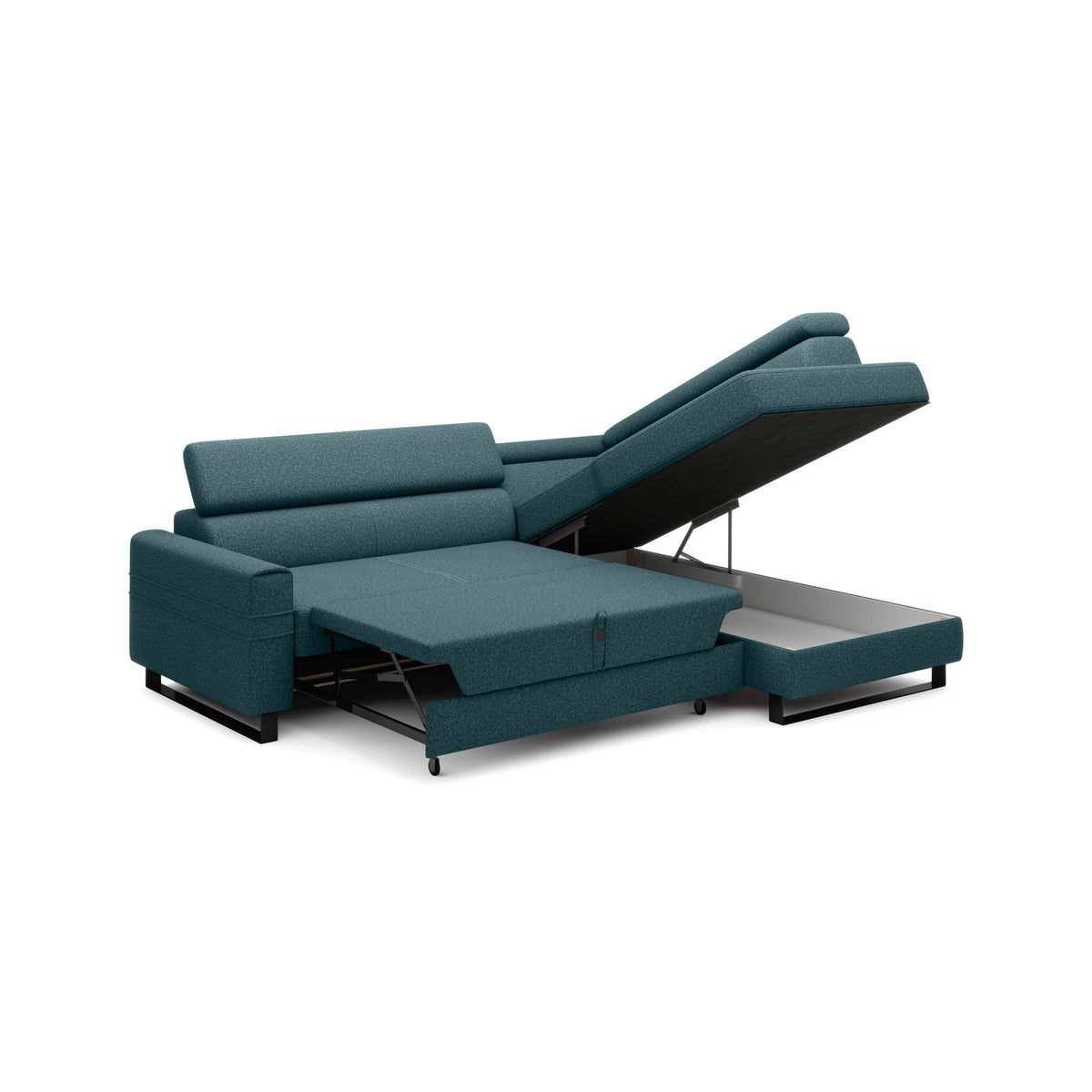 Coltar extensibil LIVIO, personalizabil materiale gama Oferta Avantaj, cu lada depozitare si tetiere reglabile, 249x184x90 cm