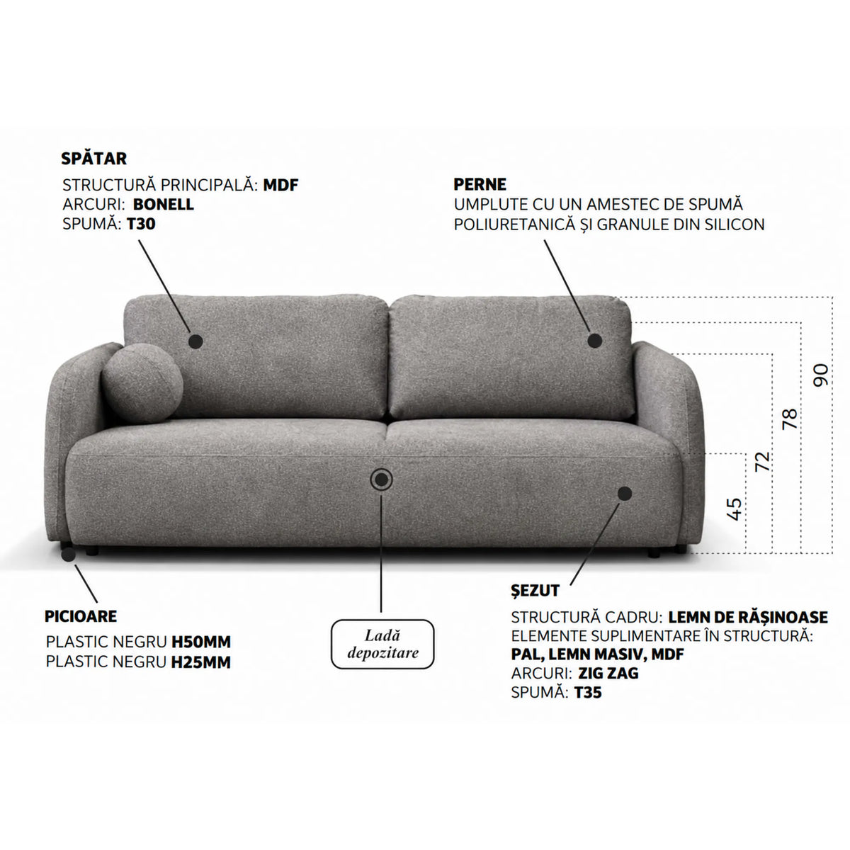 Canapea extensibila SANTIAGO, stofa gri inchis - Cremona 95, cu lada depozitare, 237x107x90 cm