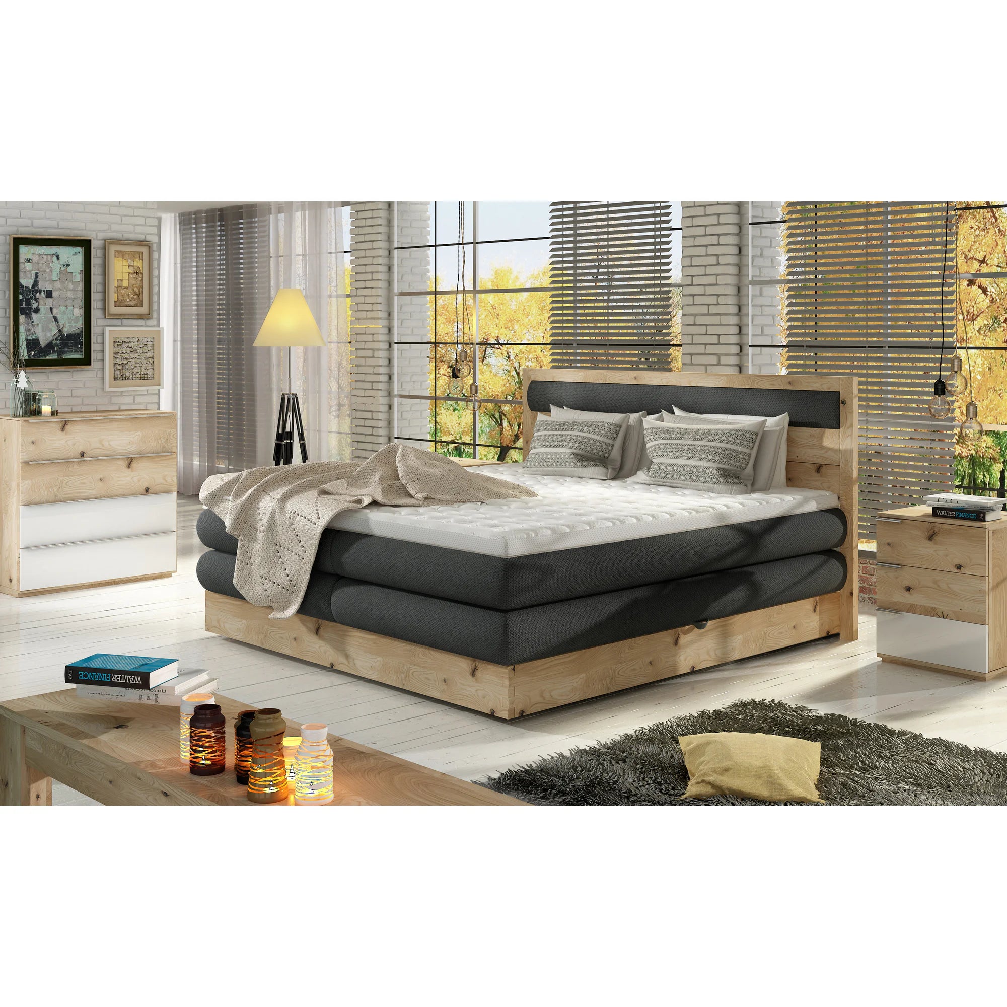 Pat boxspring DIORI 160x200, personalizabil materiale gama Premium, cu saltea, topper si lada pentru depozitare