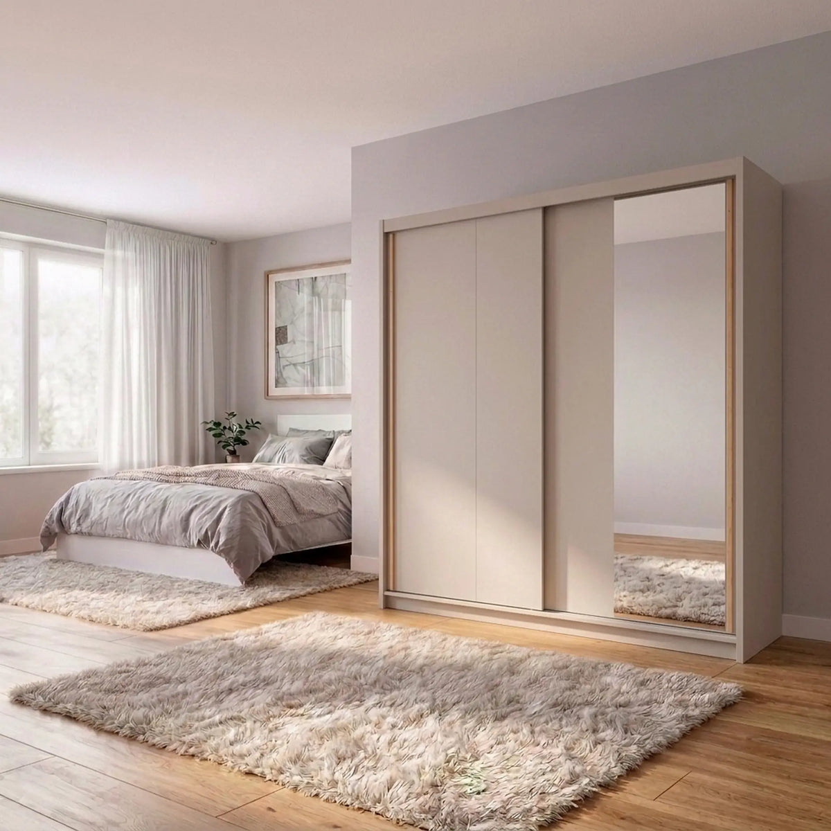 Dulap glisant AURA cu container, cașmir, PAL, cu 2 uși și oglindă, 203x60x219 cm