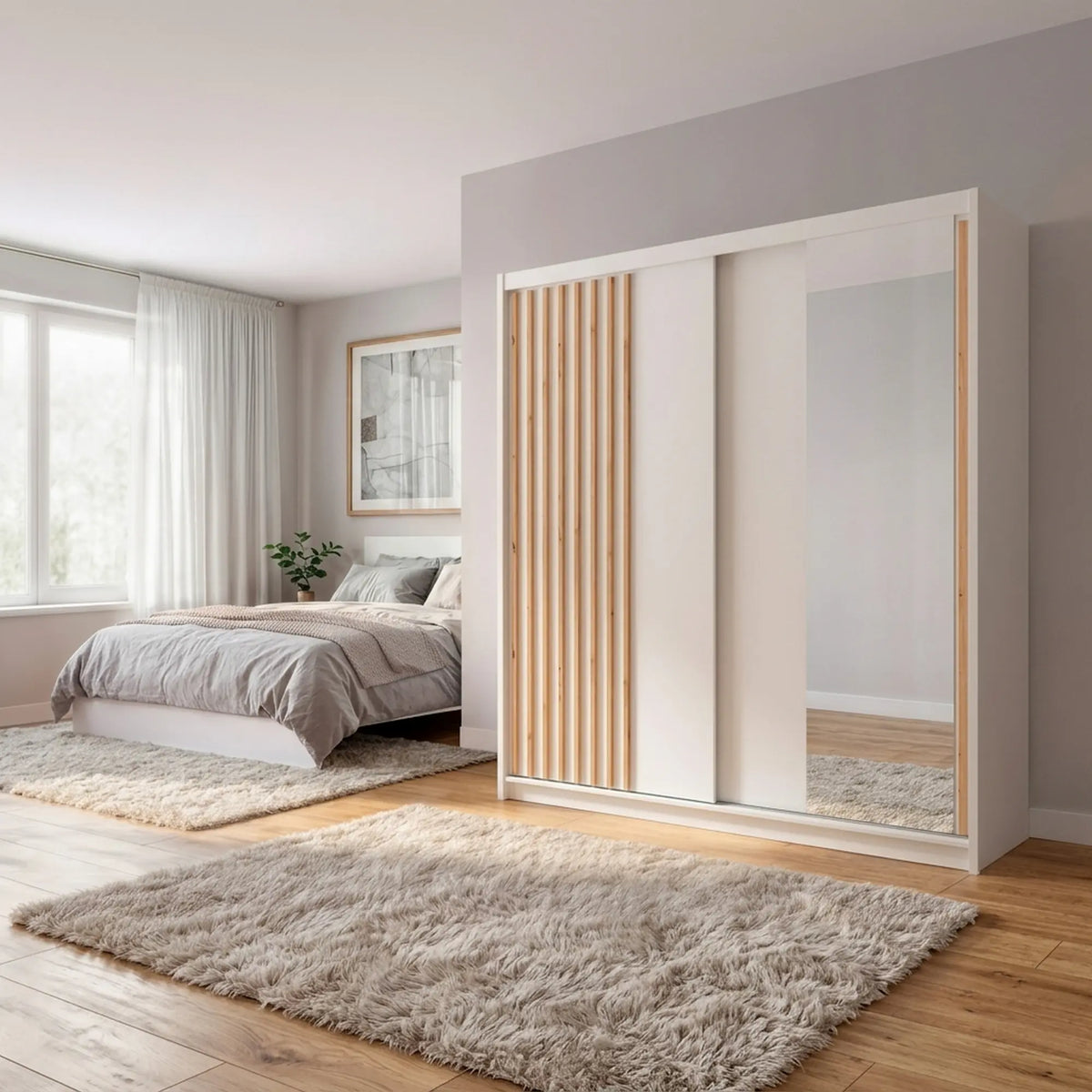 Dulap glisant AURA cu lamele, alb, PAL, cu 2 uși și oglindă, 203x60x219 cm