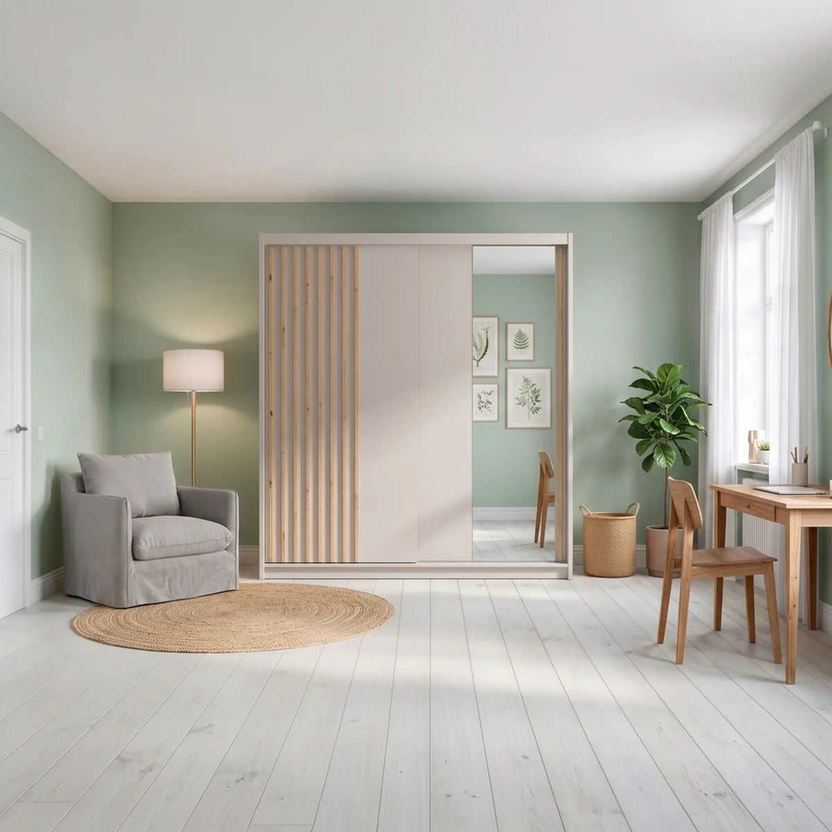 Dulap glisant AURA 200, 2 usi, oglinda, lamele, casmir, PAL, 203x60x219 cm