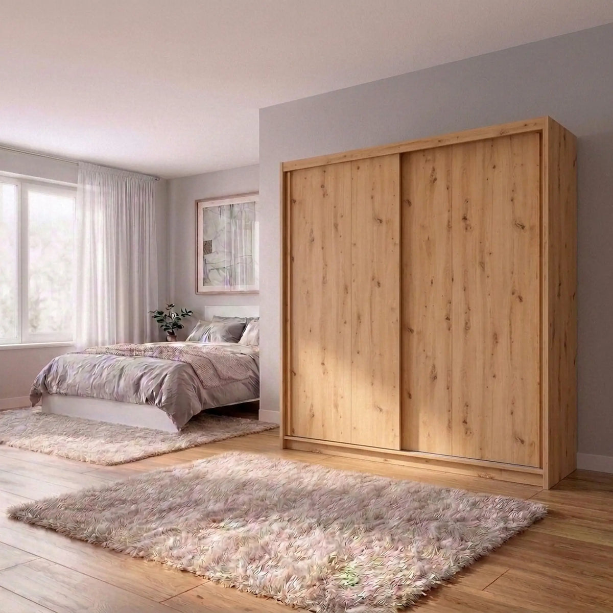 Dulap glisant AURA cu container, stejar artisan, PAL, cu 2 uși, 203x60x219 cm