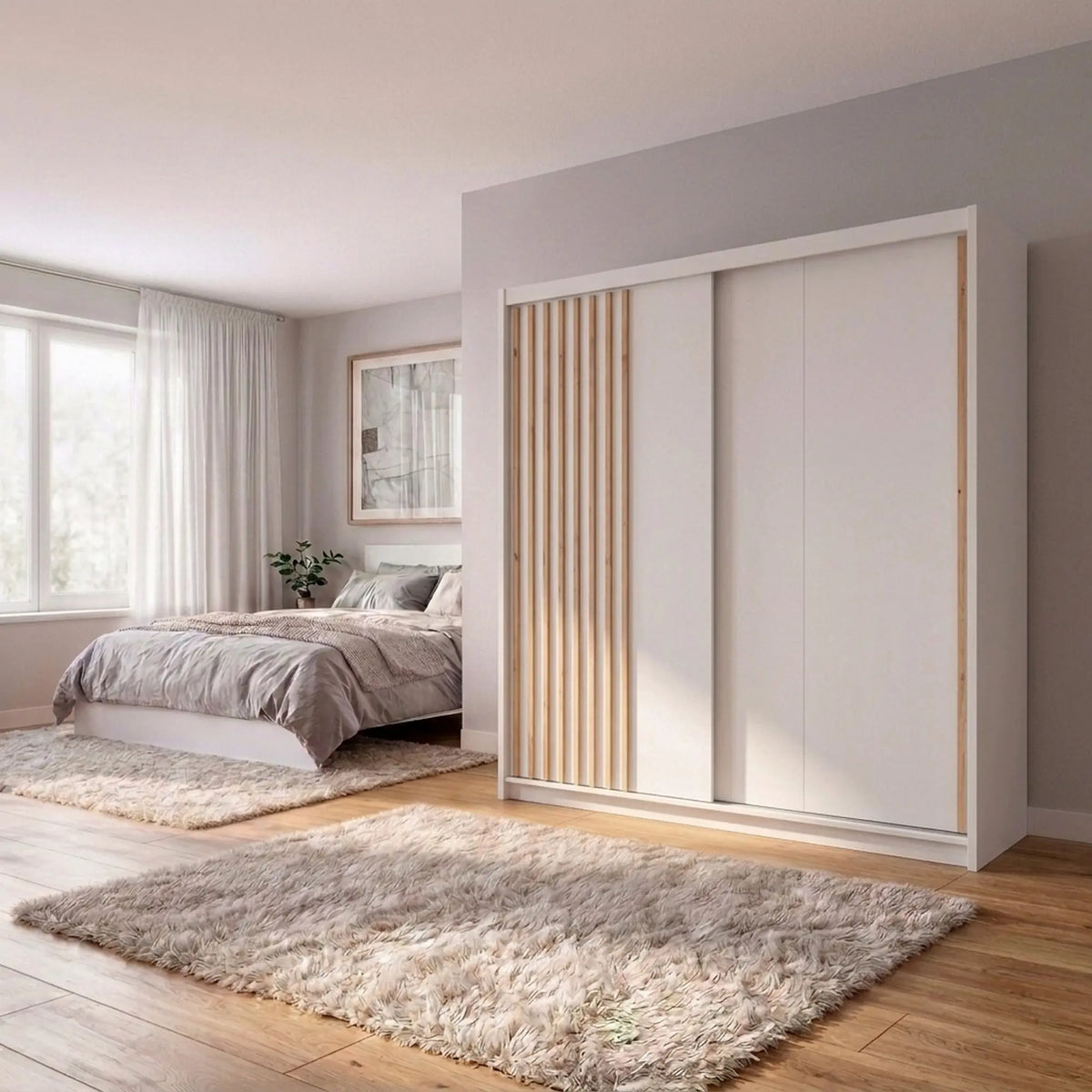 Dulap glisant AURA cu lamele și container, alb, PAL, cu 2 uși, 203x60x219 cm