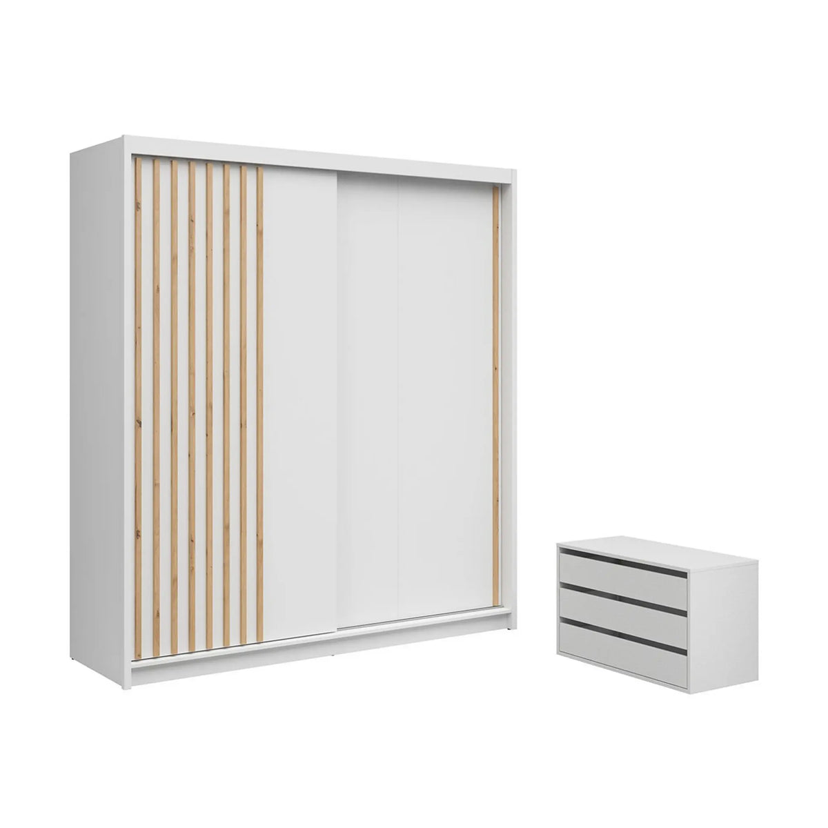 Dulap glisant AURA cu lamele și container, alb, PAL, cu 2 uși, 203x60x219 cm