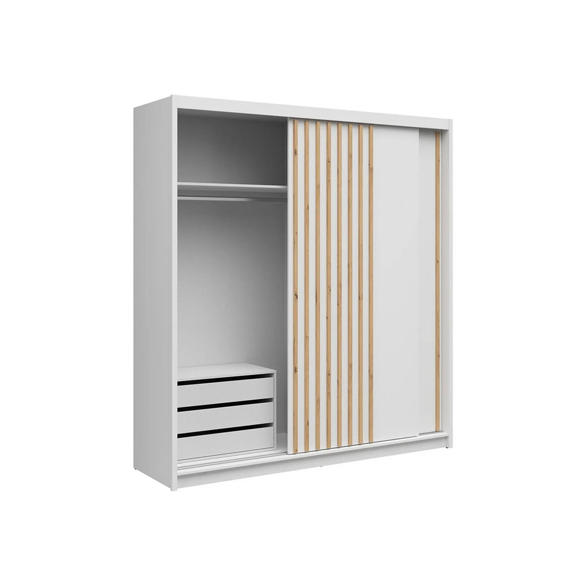 Dulap glisant AURA cu lamele și container, alb, PAL, cu 2 uși, 203x60x219 cm