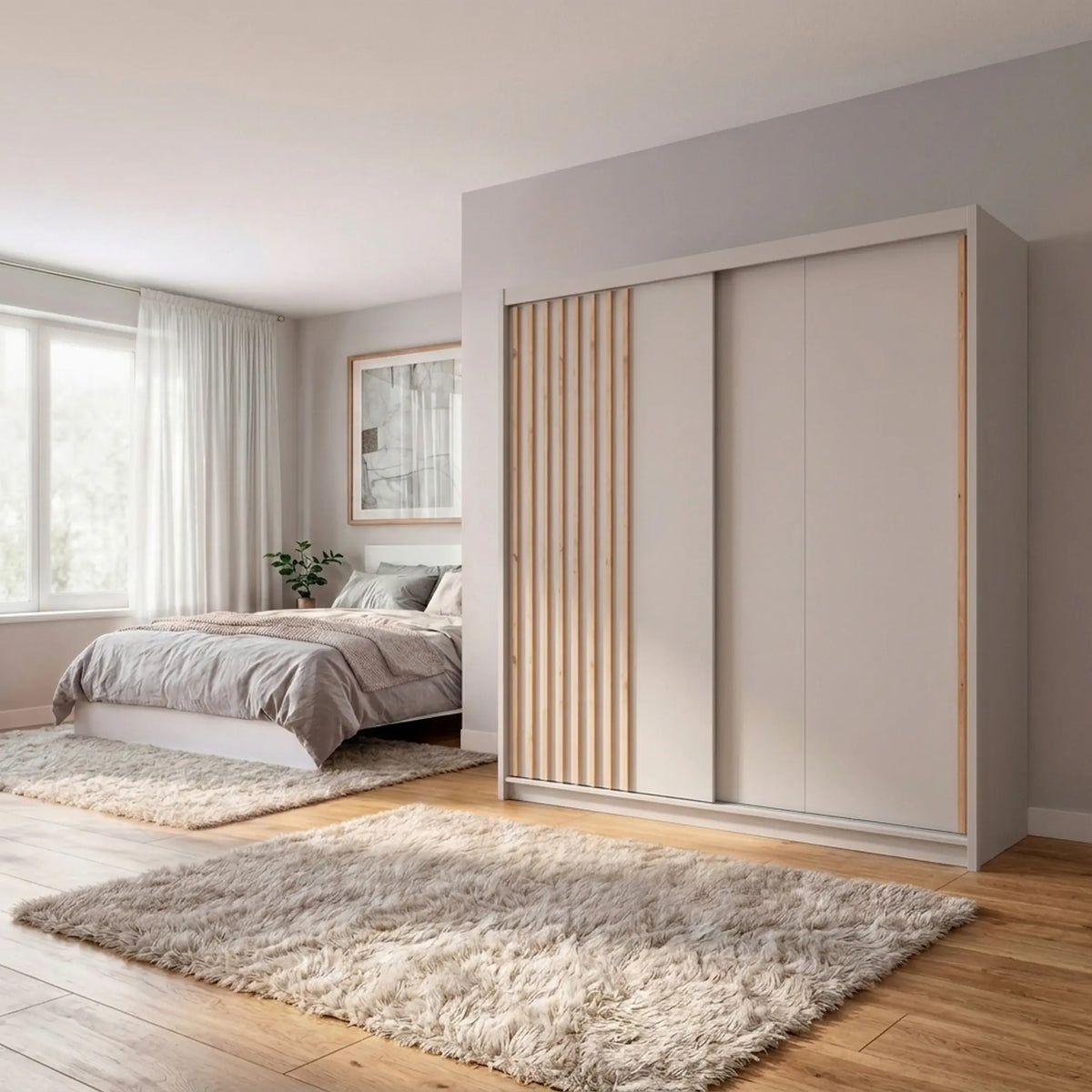 Dulap glisant AURA cu lamele și container, cașmir, PAL, cu 2 uși, 203x60x219 cm