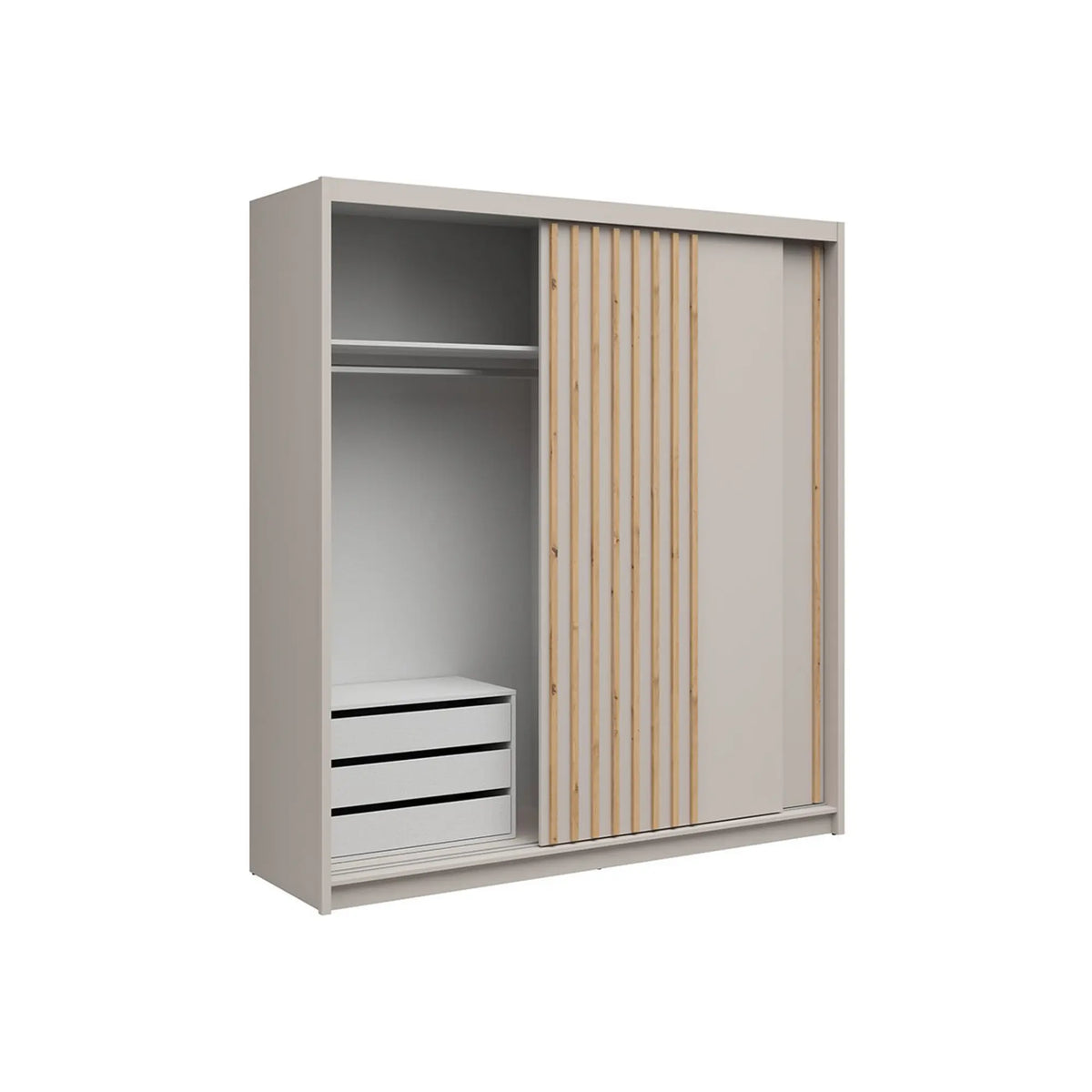 Dulap glisant AURA cu lamele și container, cașmir, PAL, cu 2 uși, 203x60x219 cm