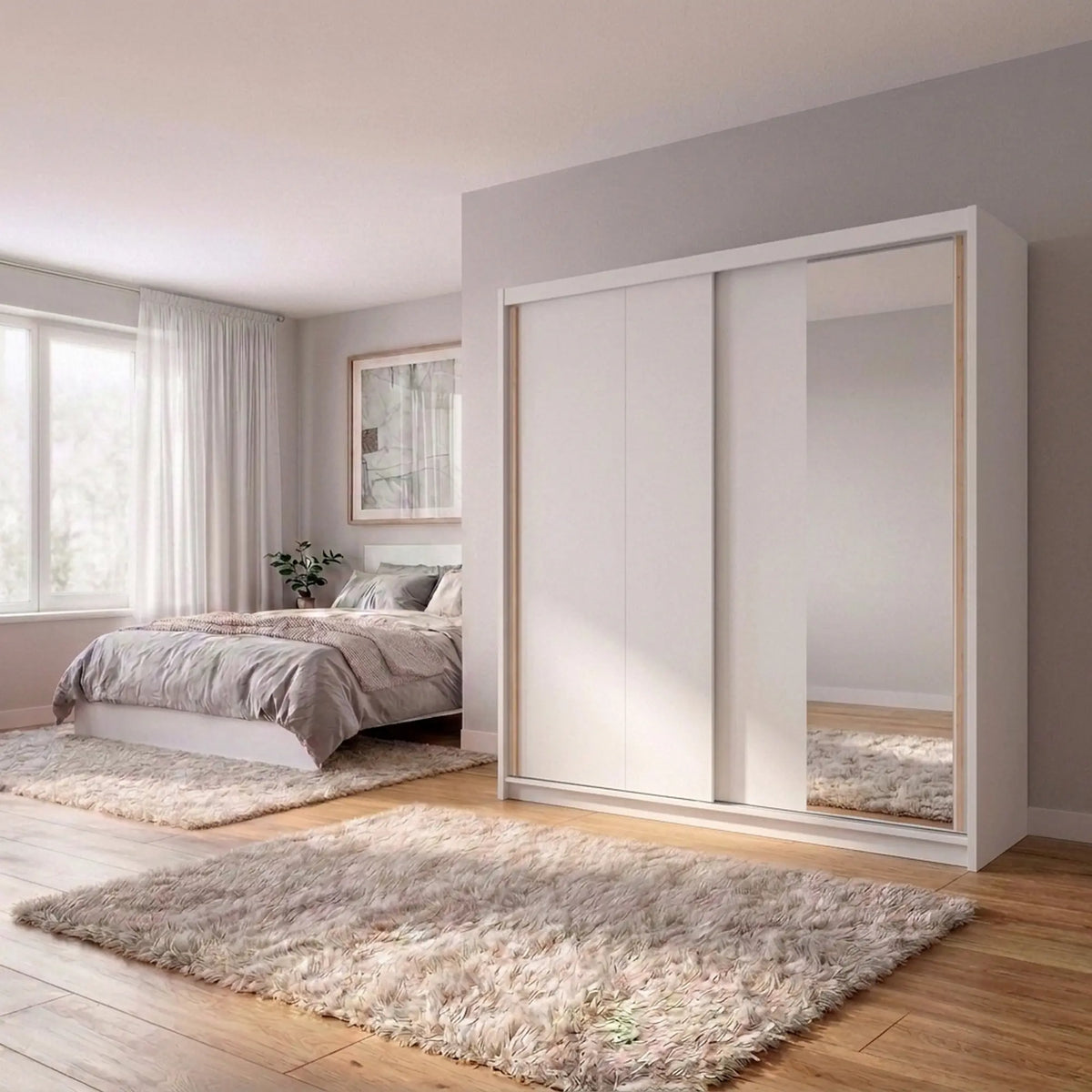 Dulap glisant AURA cu container, alb, PAL, cu 2 uși și oglindă, 203x60x219 cm