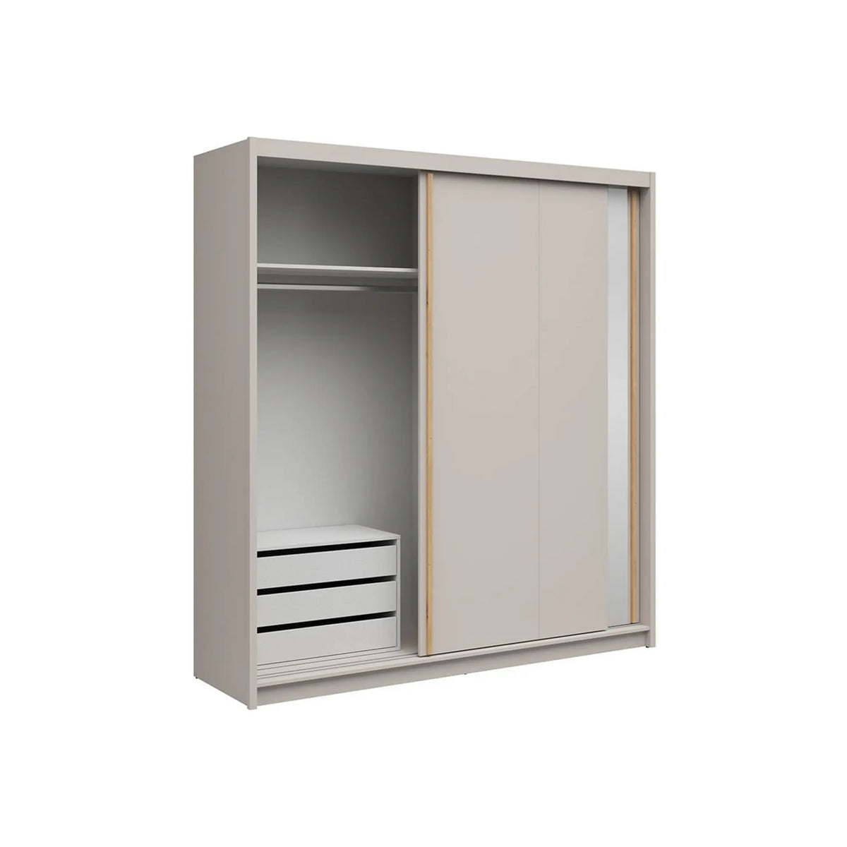 Dulap glisant AURA cu container, cașmir, PAL, cu 2 uși și oglindă, 203x60x219 cm