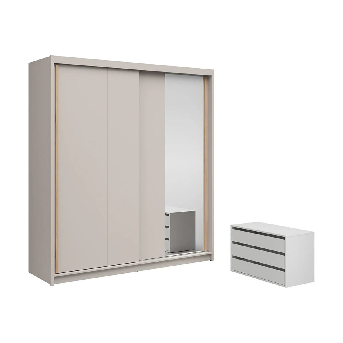 Dulap glisant AURA cu container, cașmir, PAL, cu 2 uși și oglindă, 203x60x219 cm