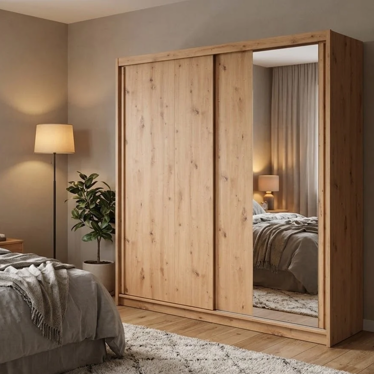 Dulap glisant AURA cu container, stejar artisan, PAL, cu 2 uși și oglindă, 203x60x219 cm