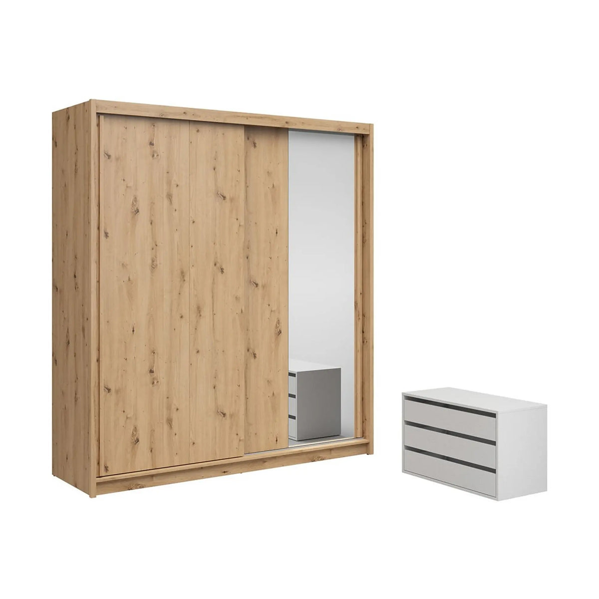 Dulap glisant AURA cu container, stejar artisan, PAL, cu 2 uși și oglindă, 203x60x219 cm