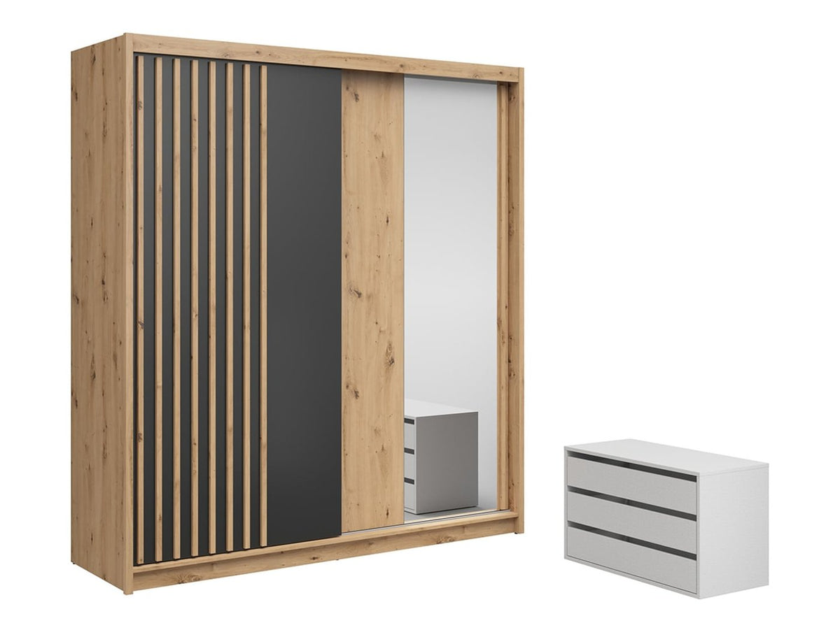 Dulap glisant AURA cu lamele și container, stejar artisan/negru, PAL, cu 2 uși și oglindă, 203x60x219 cm