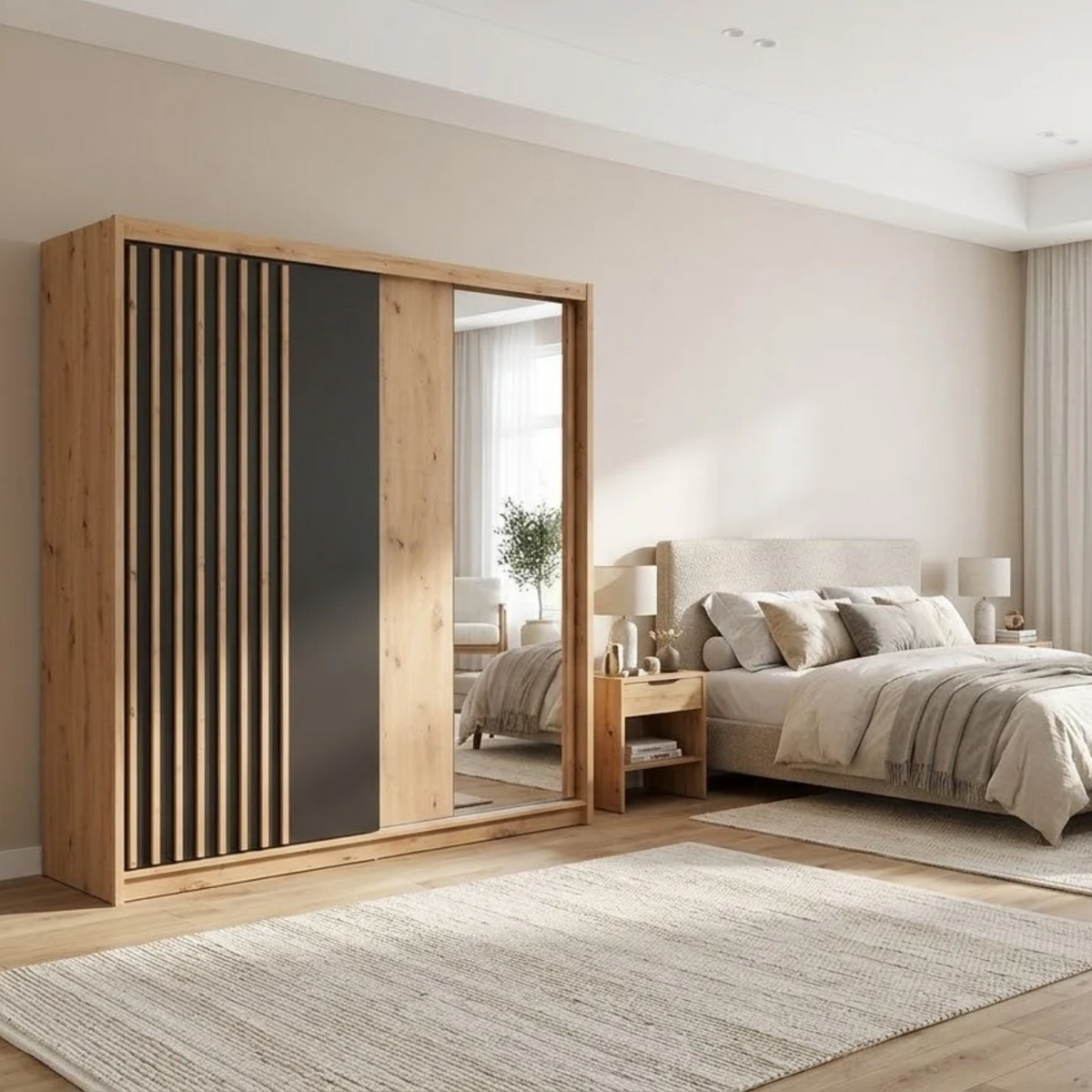 Dulap glisant AURA cu lamele și container, stejar artisan/negru, PAL, cu 2 uși și oglindă, 203x60x219 cm