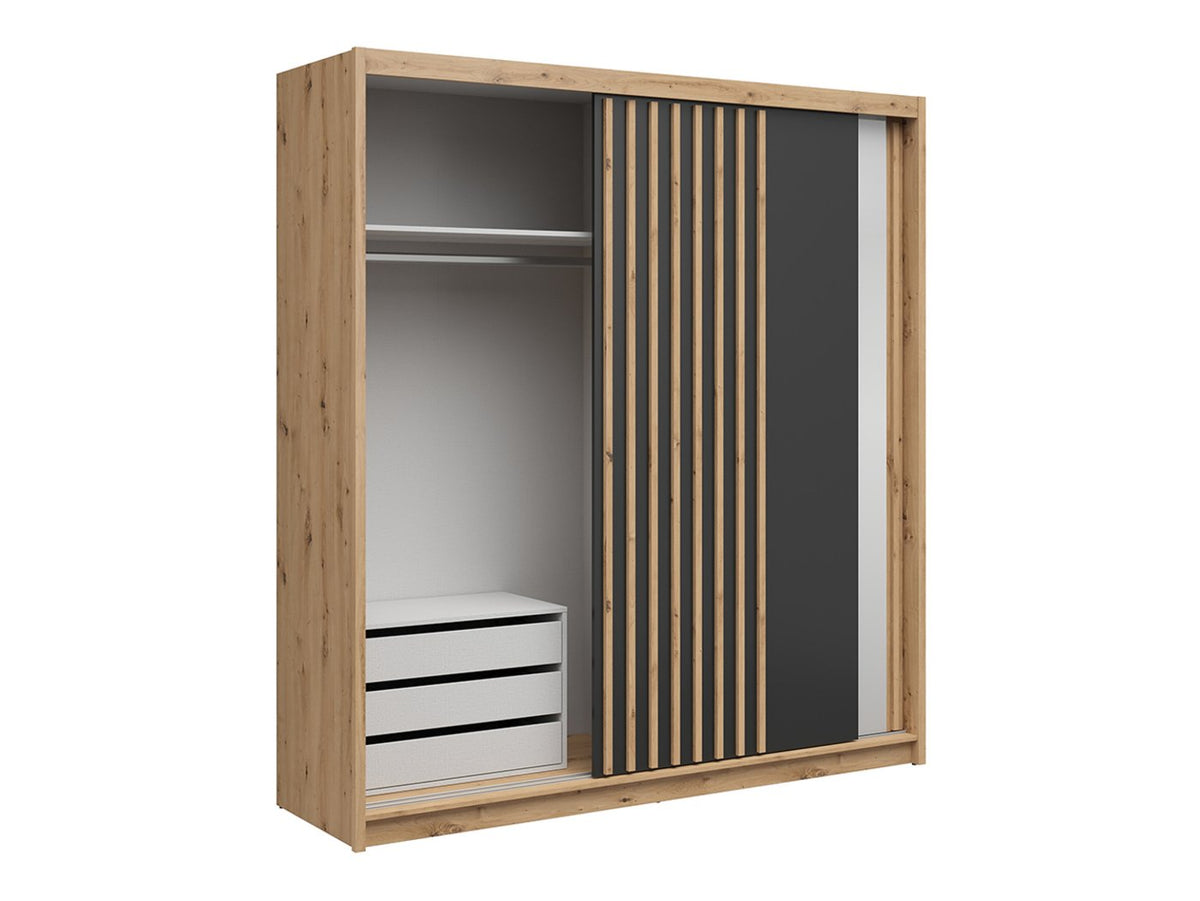 Dulap glisant AURA cu lamele și container, stejar artisan/negru, PAL, cu 2 uși și oglindă, 203x60x219 cm
