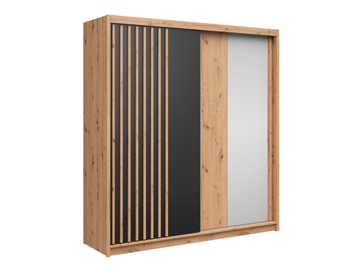 Dulap glisant AURA cu lamele și container, stejar artisan/negru, PAL, cu 2 uși și oglindă, 203x60x219 cm
