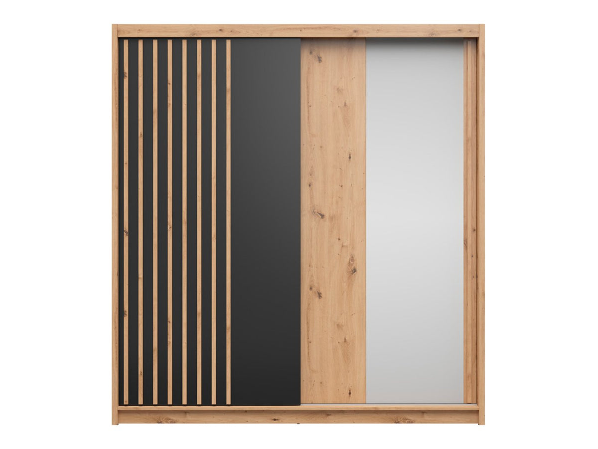 Dulap glisant AURA cu lamele și container, stejar artisan/negru, PAL, cu 2 uși și oglindă, 203x60x219 cm