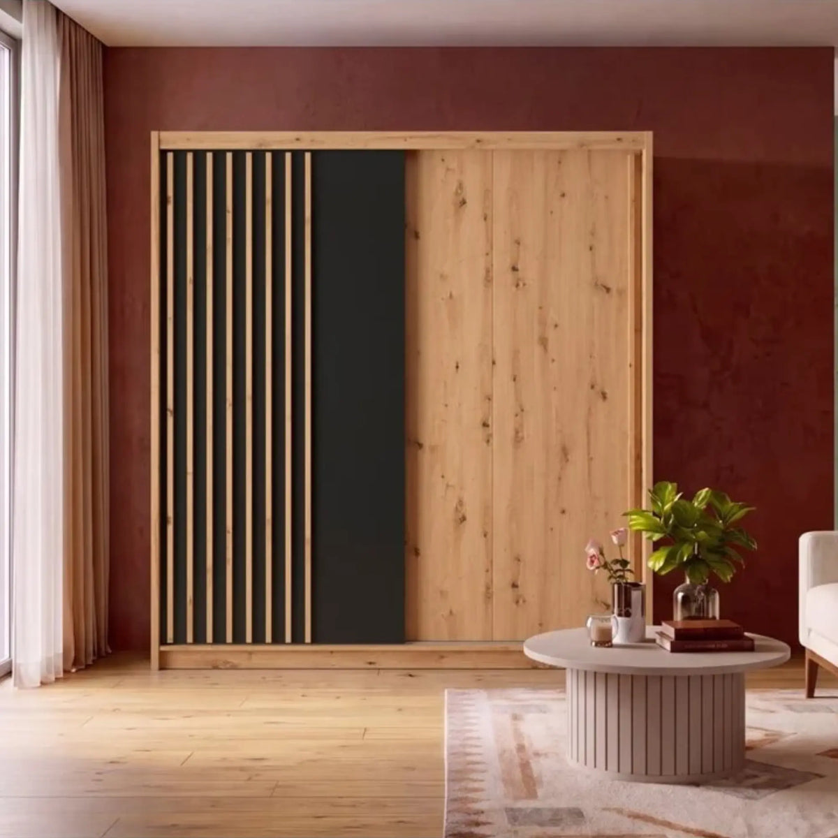 Dulap glisant AURA cu lamele, stejar artisan/negru, PAL, cu 2 uși, 203x60x219 cm