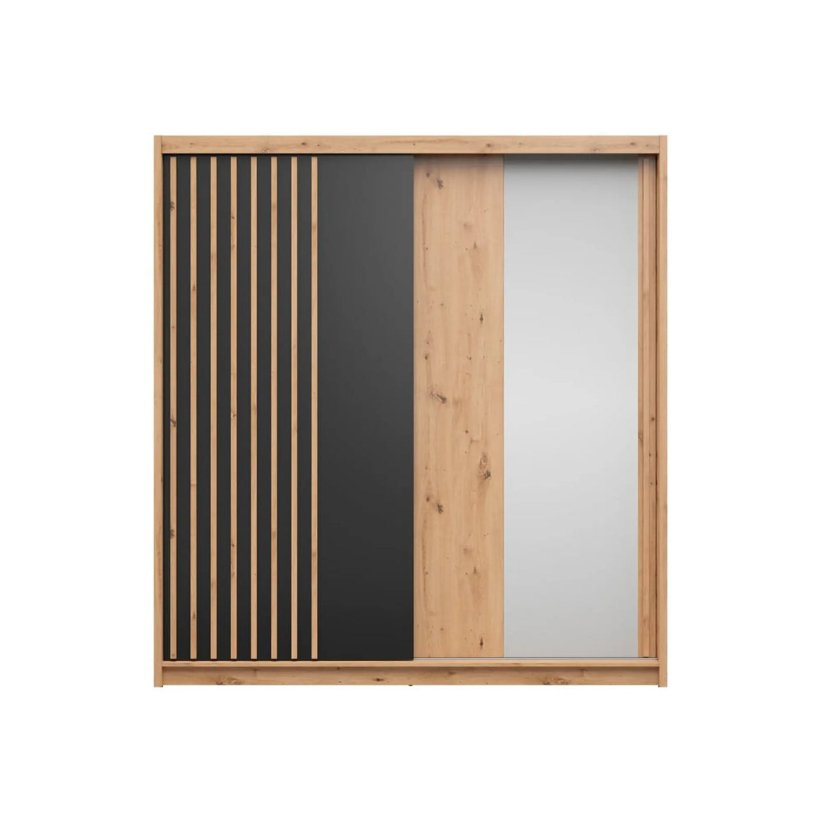 Dulap glisant AURA cu lamele, stejar artisan/negru, PAL, cu 2 uși și oglindă, 203x60x219 cm