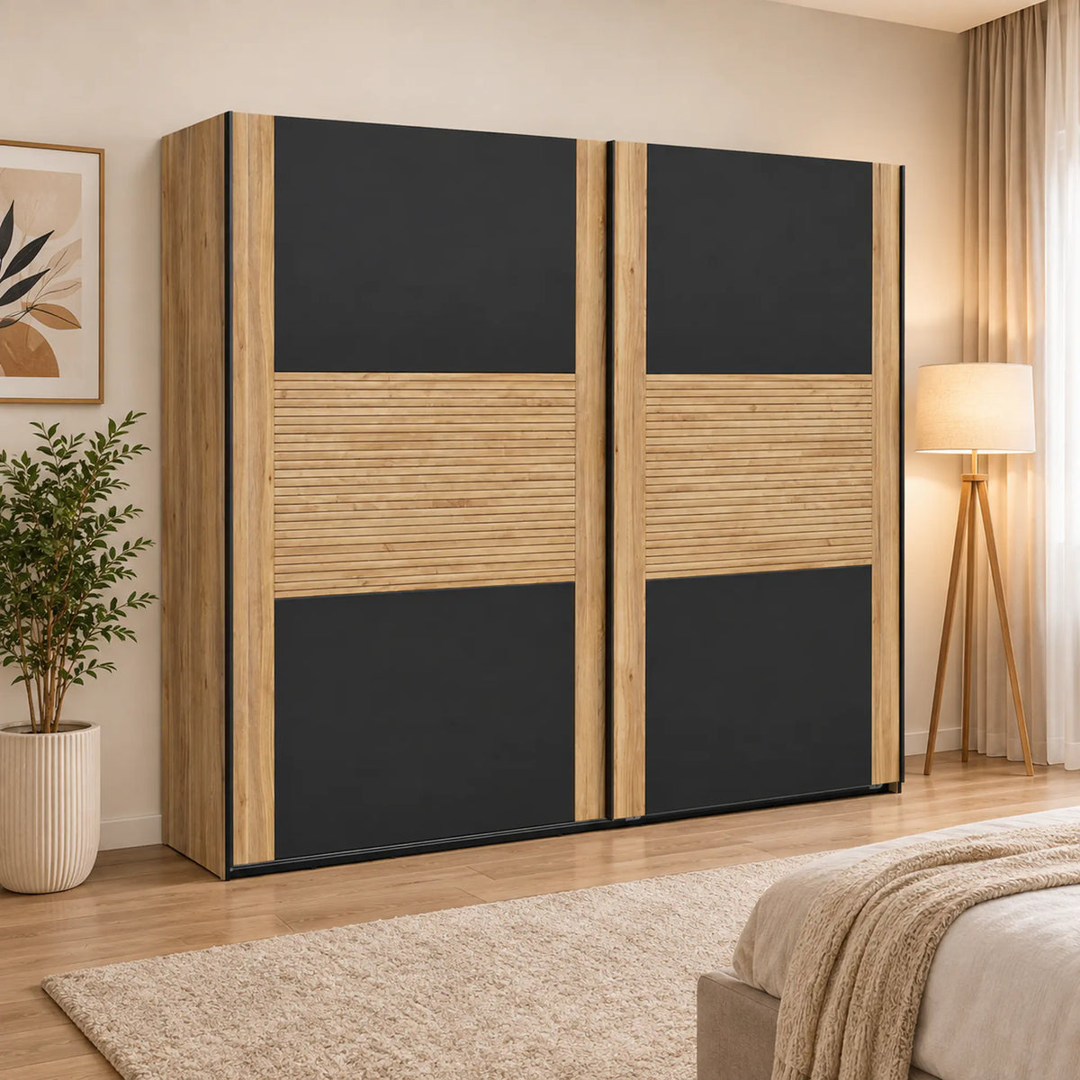 Dulap glisant HENSON, stejar mauvella/stejar tegola, PAL, cu 2 uși, 270x61x218 cm