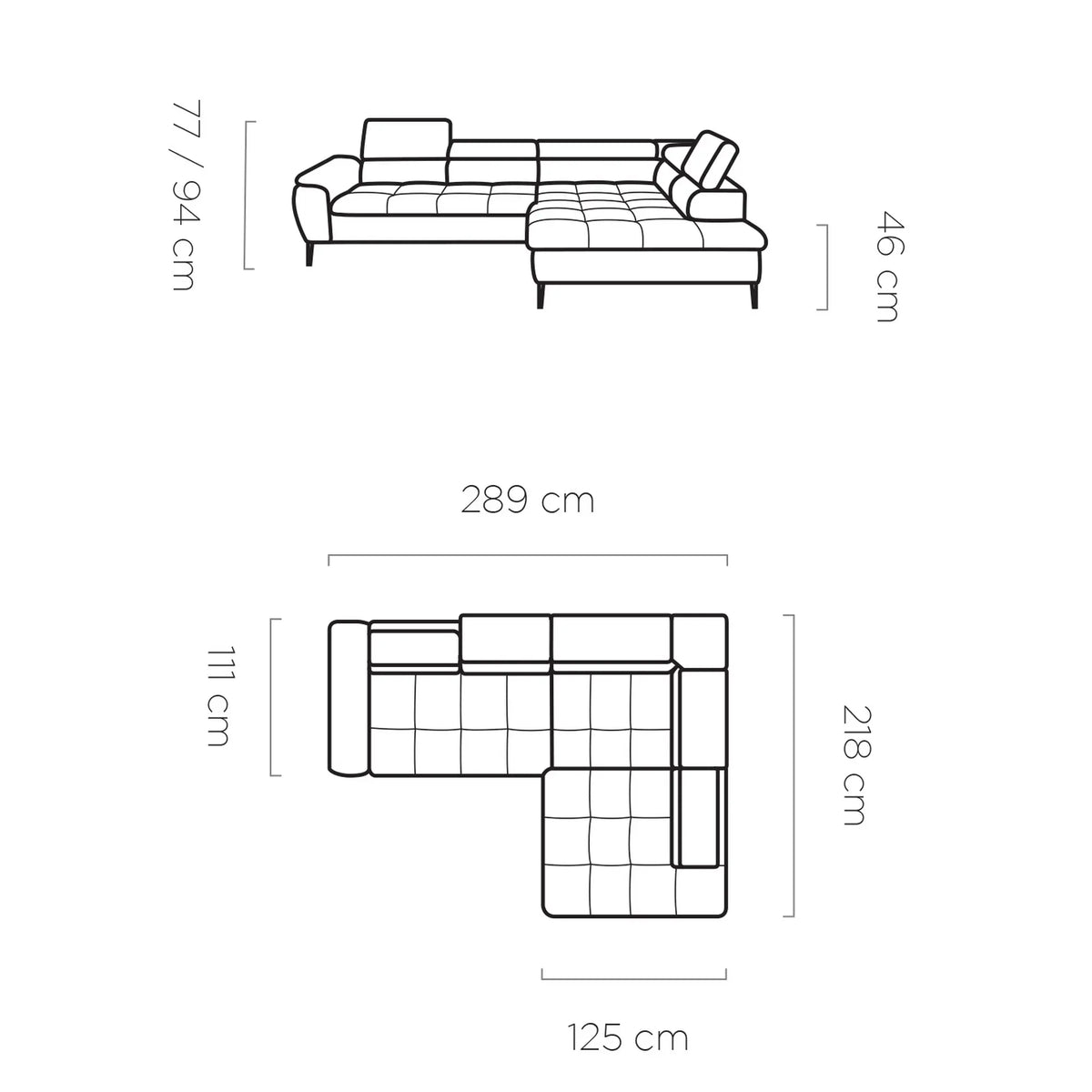 Coltar extensibil EMPOLI L, personalizabil materiale gama Oferta Avantaj, cu lada depozitare si tetiere reglabile, 289x218x94 cm