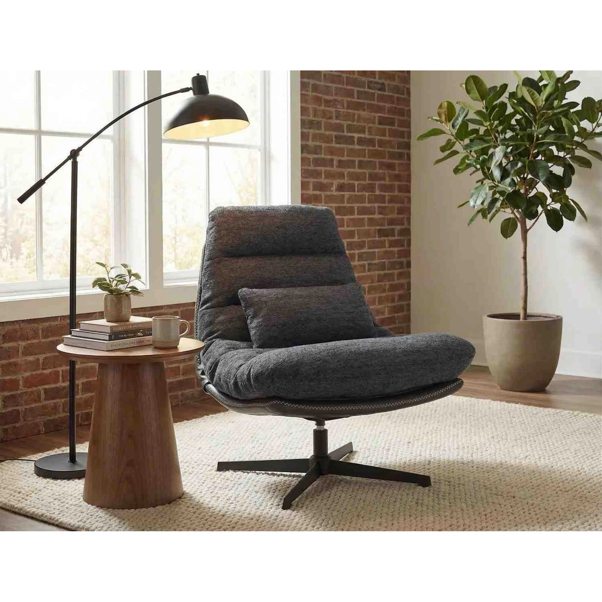 Fotoliu rotativ FELICIA, stofa clasica gri inchis - Raven 18/piele ecologica, 79x87x91 cm