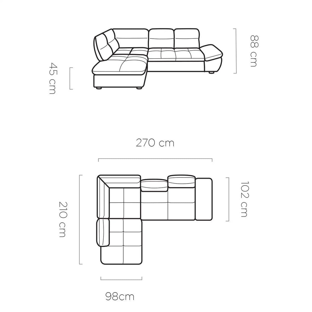 Coltar extensibil GALIANO L, personalizabil materiale gama Premium, cu lada depozitare si tetiere reglabile, 270x210x88 cm