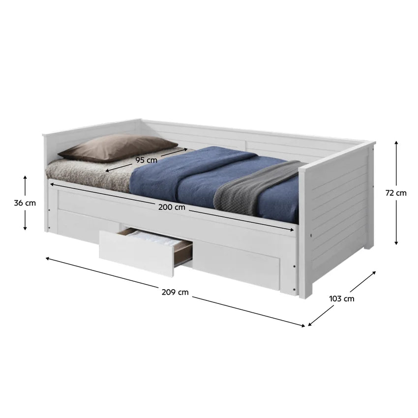 Pat extensibil GORETA 90x200/180x200, alb, cu somiera si 3 sertare pentru depozitare