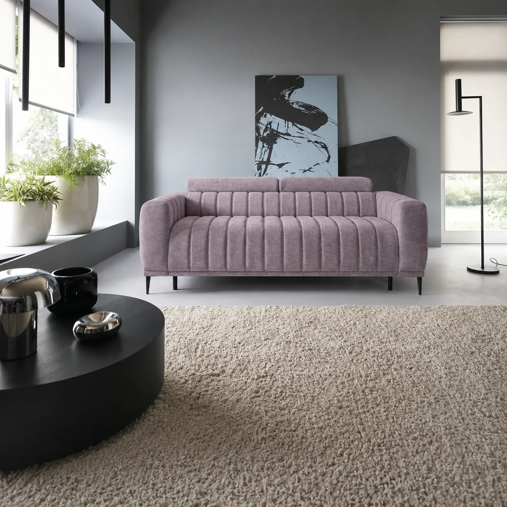 Canapea extensibila GANDI 160, stofa catifelata mov lila - Monolith 62, cu tetiere reglabile, 227x102x95 cm