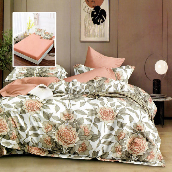 Set lenjerie pat finet HF6P302, bumbac/poliester, coral/verde, 160-180x200 cm, cu husa pat, cearceaf pilota si 4 fete de perna