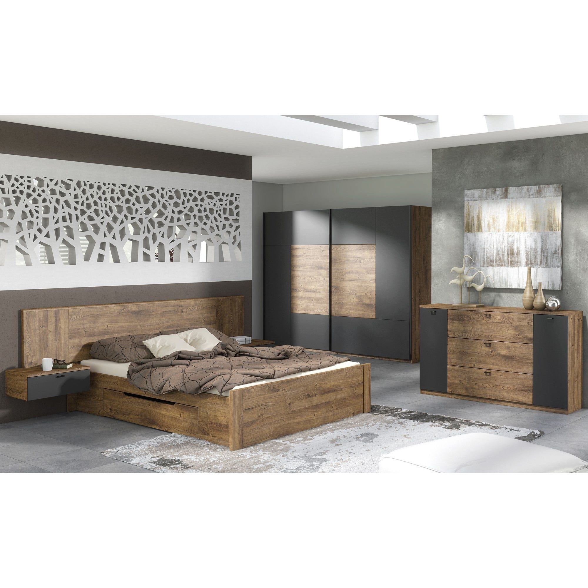 Comoda ARMENY 8XX3AT45, stejar inchis/gri grafit, PAL, 155x40x93 cm