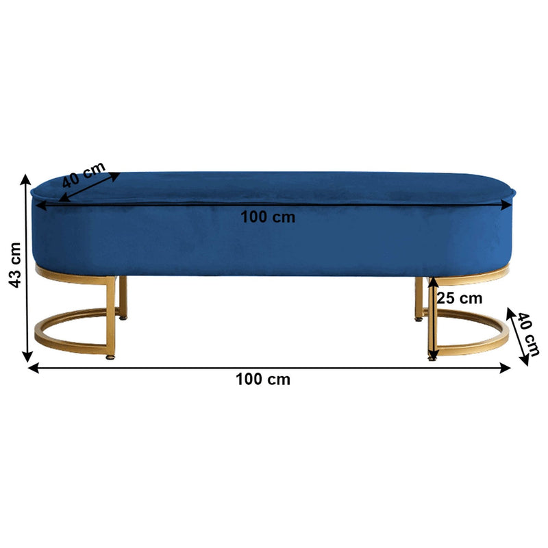 Banca MIRILA NEW, stofa catifelata, albastru/auriu, 100x40x43 cm