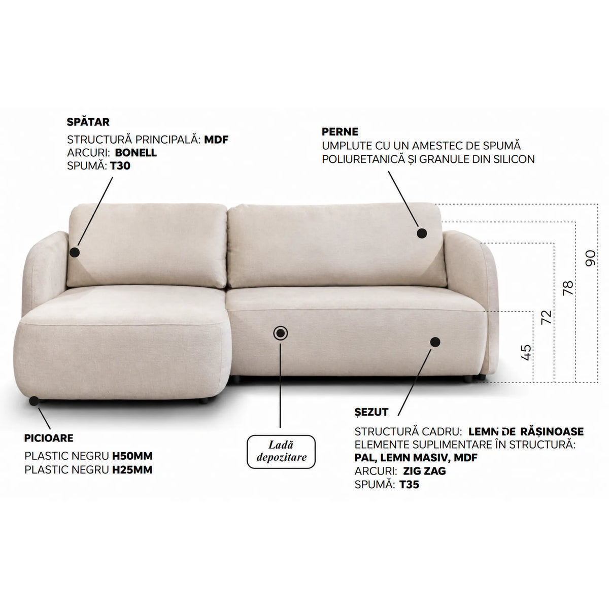 Coltar extensibil SANTIAGO, sezlong dreapta, stofa bej inchis - Cremona 14, cu lada depozitare, 241x154x90 cm