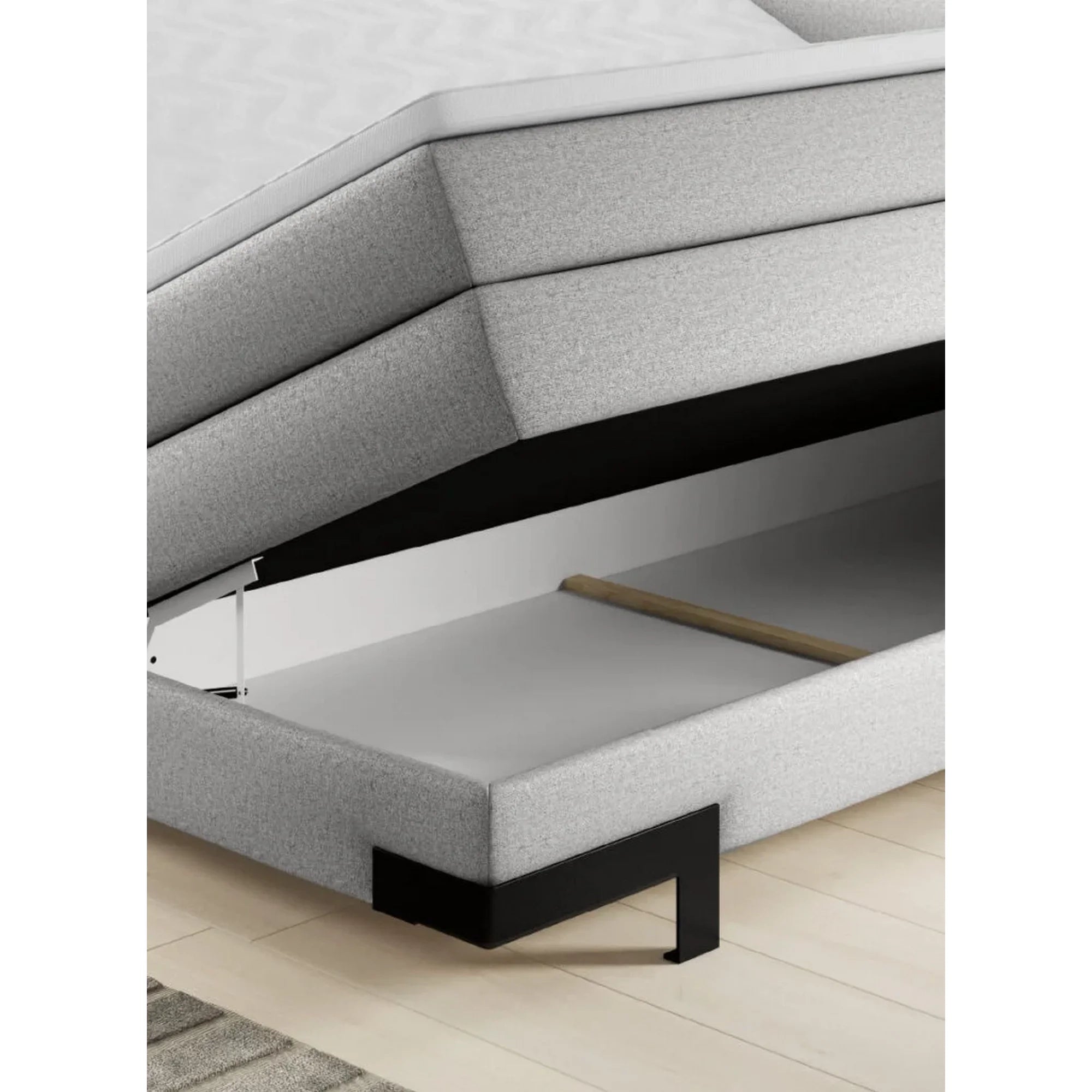 Pat boxspring KANO 160x200, personalizabil materiale gama Premium, cu saltea, topper, tetiere reglabile si 2 spatii pentru depozitare