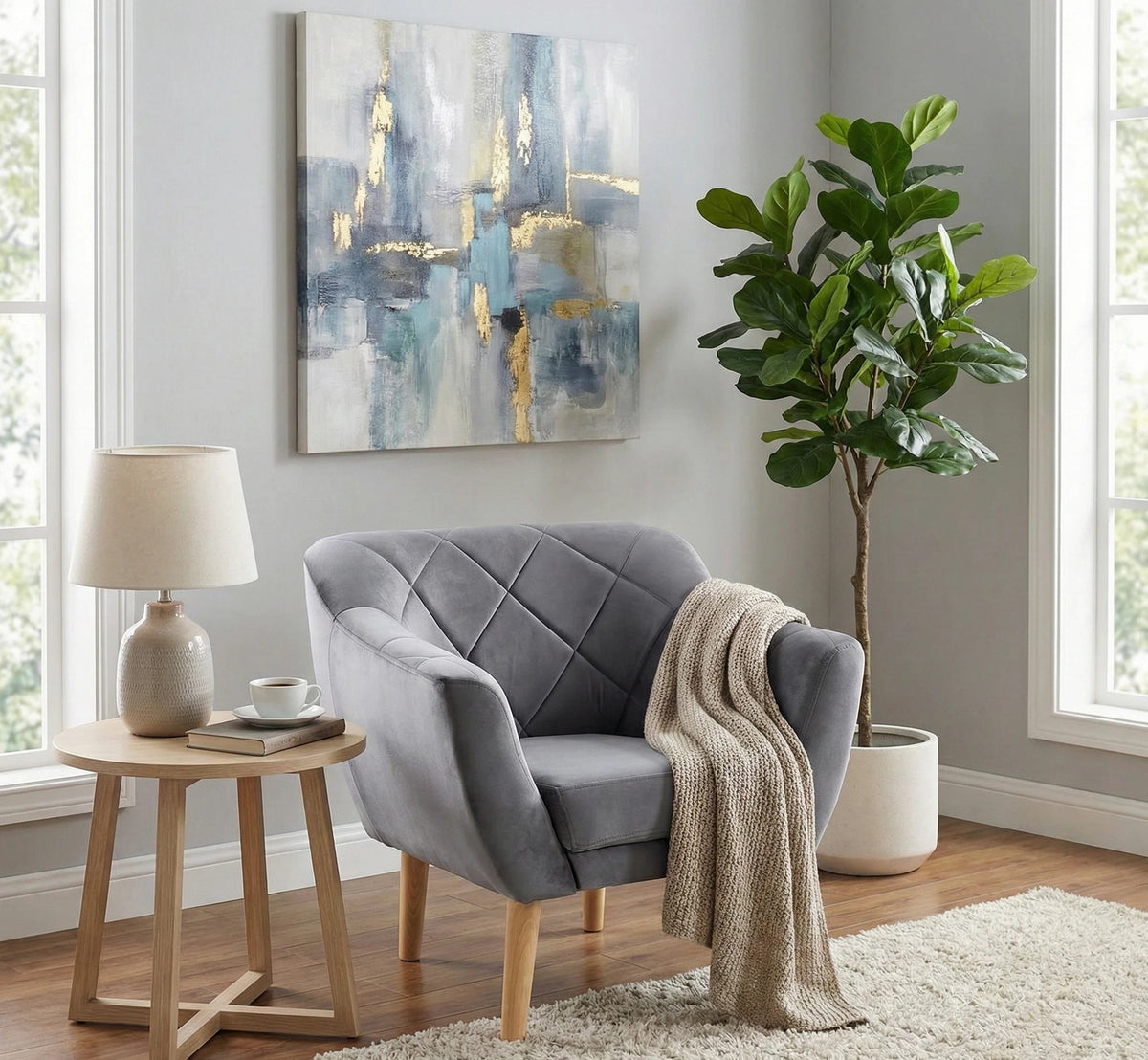 Fotoliu KARO, stofa catifelata gri deschis - Bluvel 14/fag, 78x75x76 cm