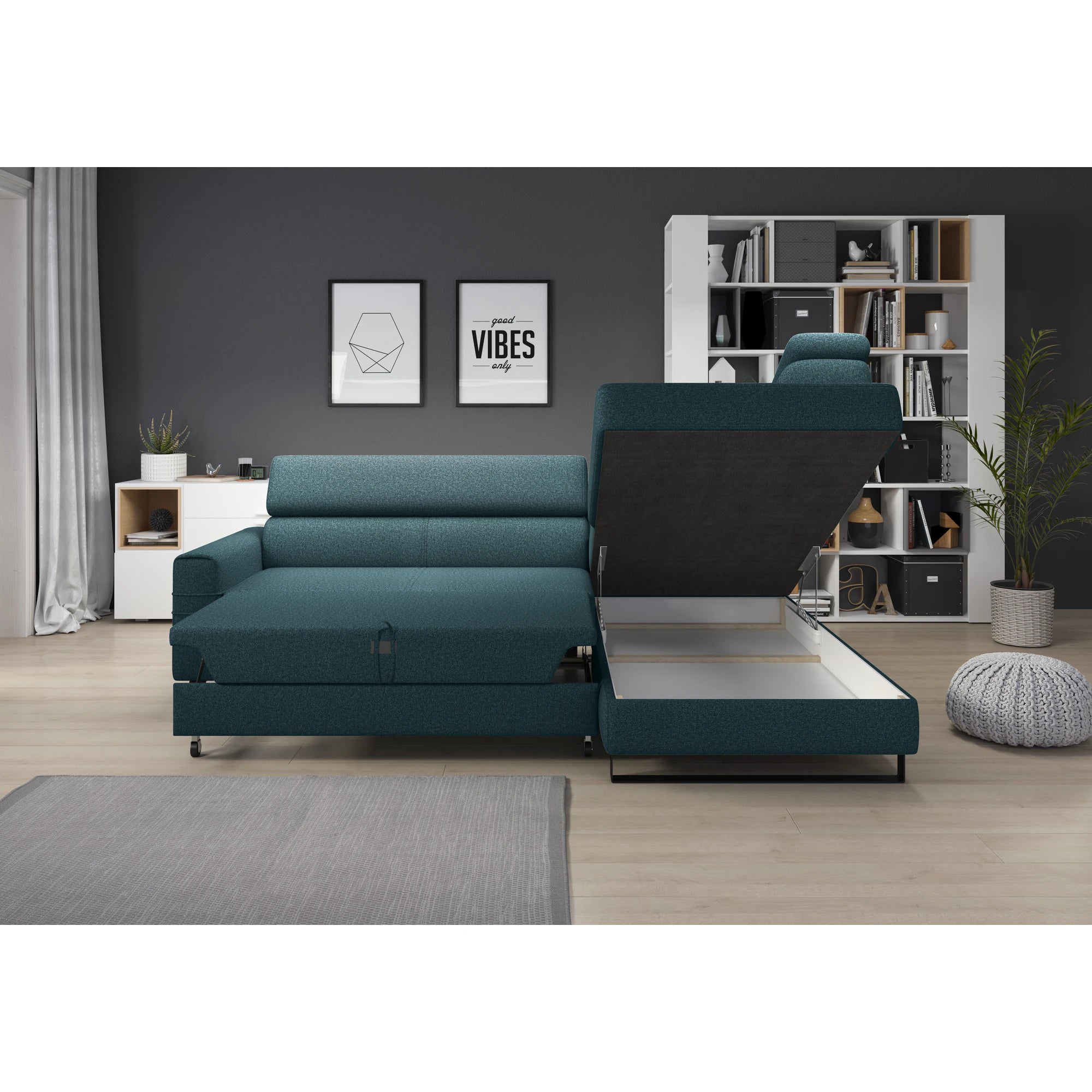 Coltar extensibil LIVIO, personalizabil materiale gama Oferta Avantaj, cu lada depozitare si tetiere reglabile, 249x184x90 cm