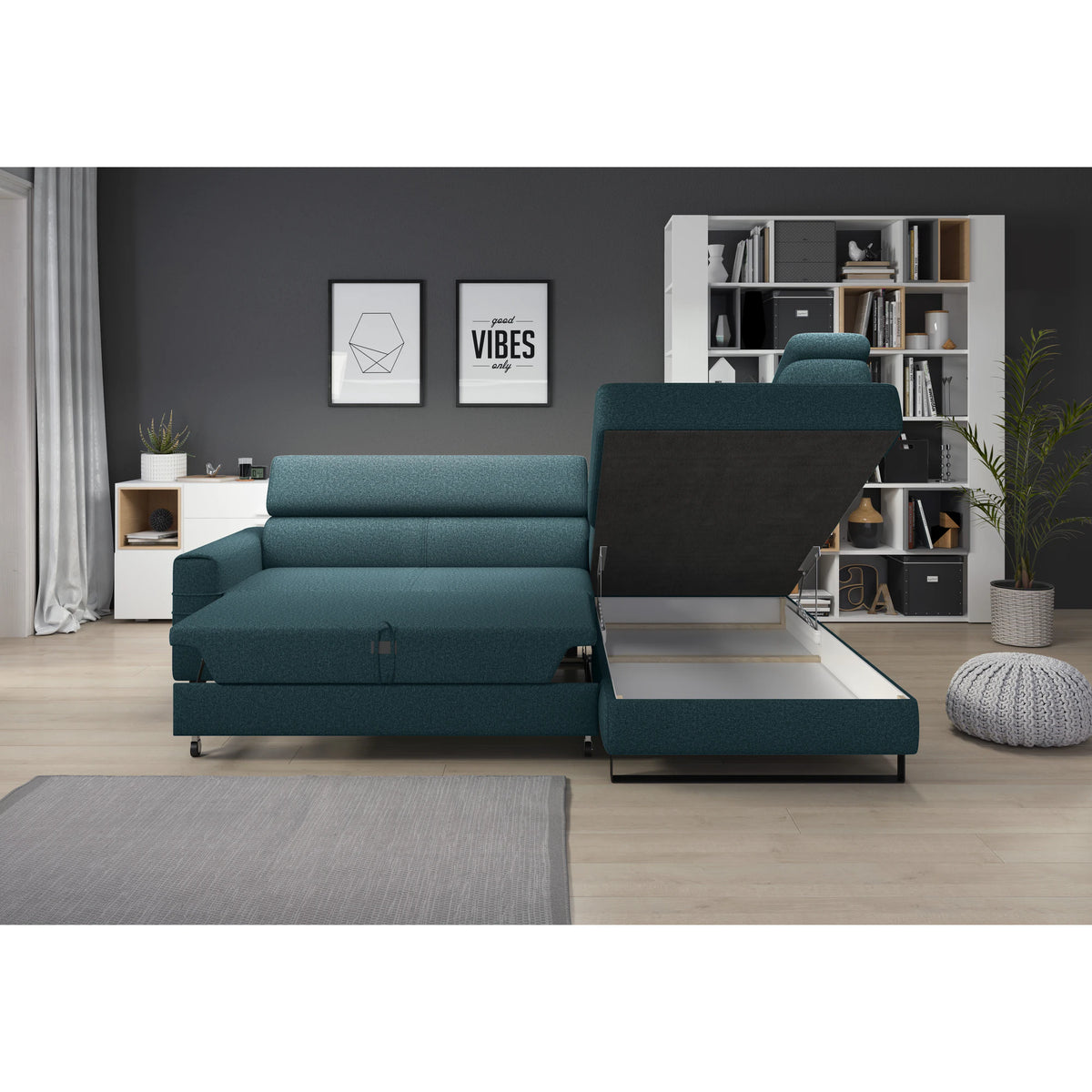 Coltar extensibil LIVIO, sezlong dreapta, stofa catifelata bej - Whisper 03, Gama Premium, cu lada depozitare si tetiere reglabile, 249x184x90 cm