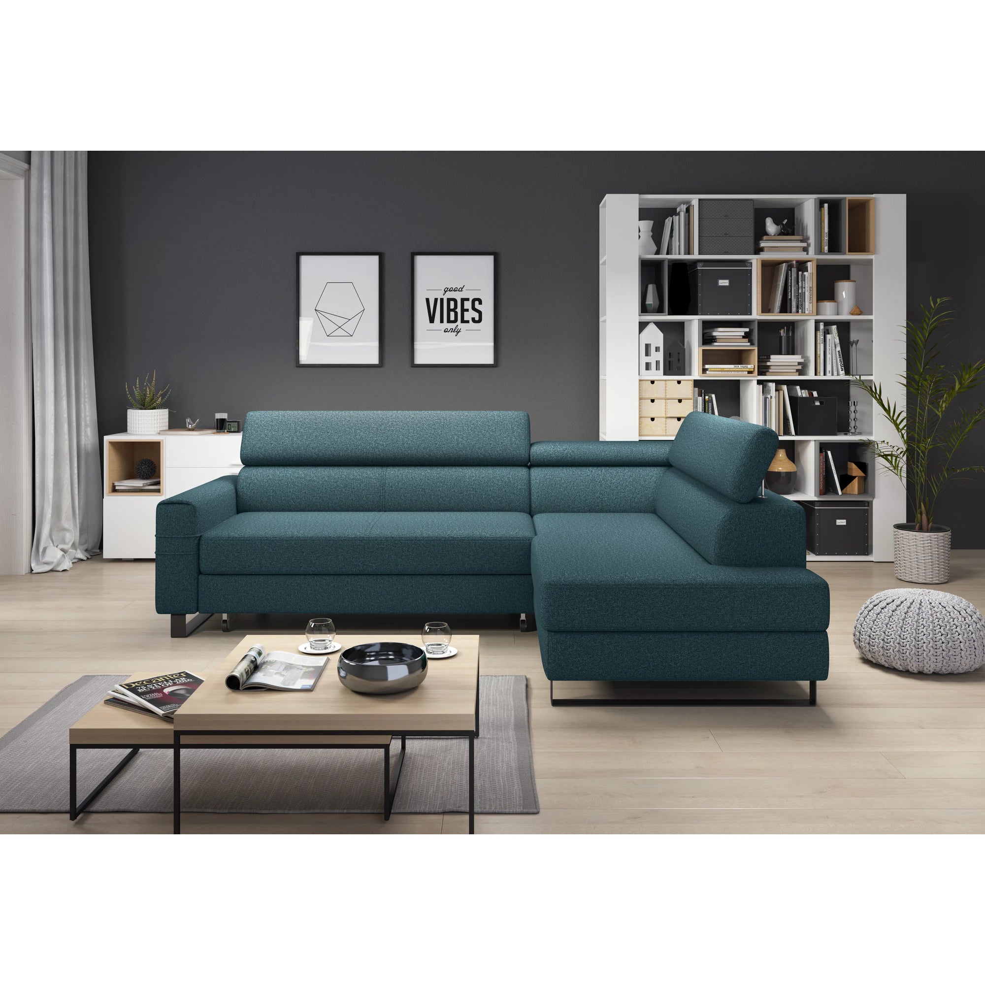 Coltar extensibil LIVIO, personalizabil materiale gama Oferta Avantaj, cu lada depozitare si tetiere reglabile, 249x184x90 cm