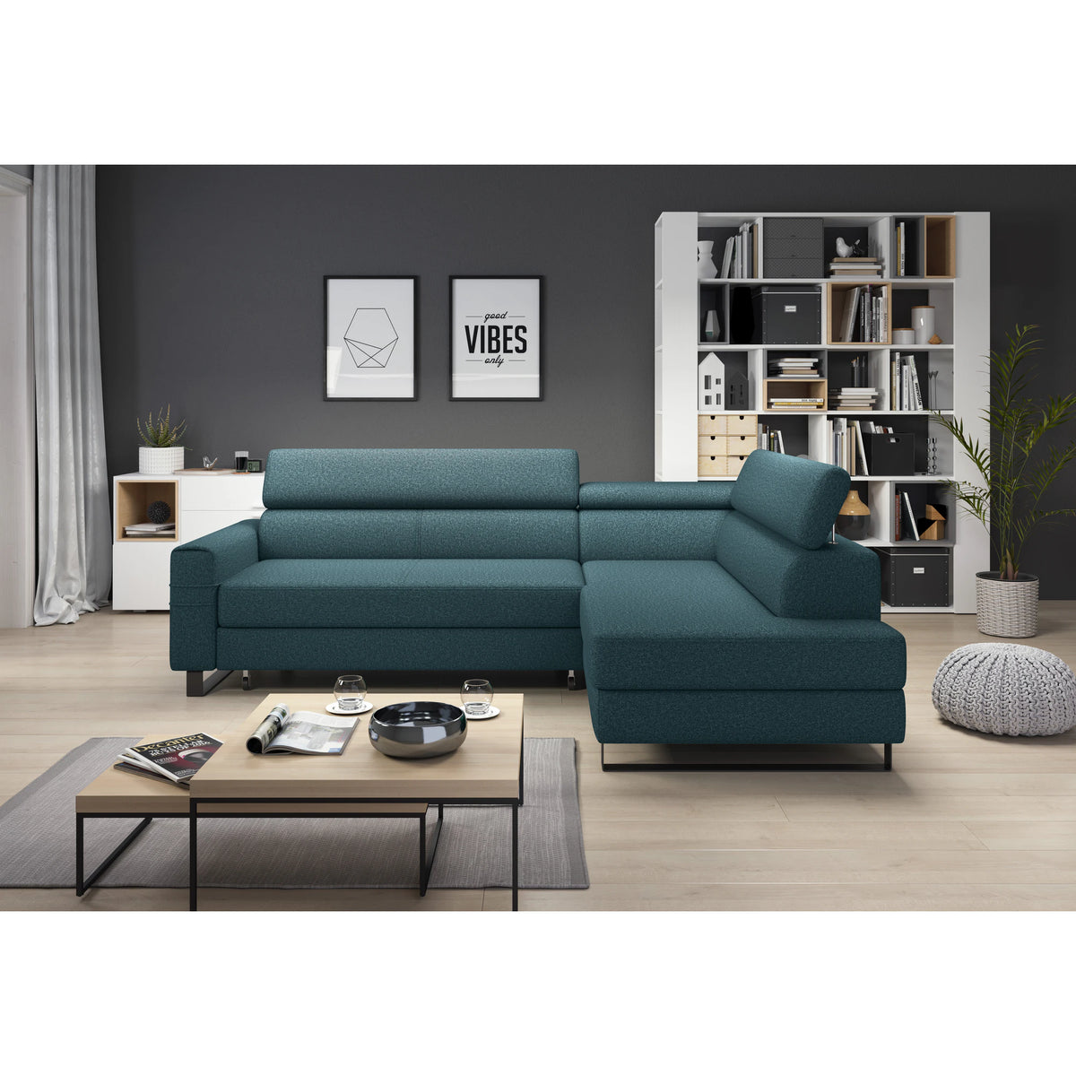 Coltar extensibil LIVIO, personalizabil materiale gama Premium, cu lada depozitare si tetiere reglabile, 249x184x90 cm